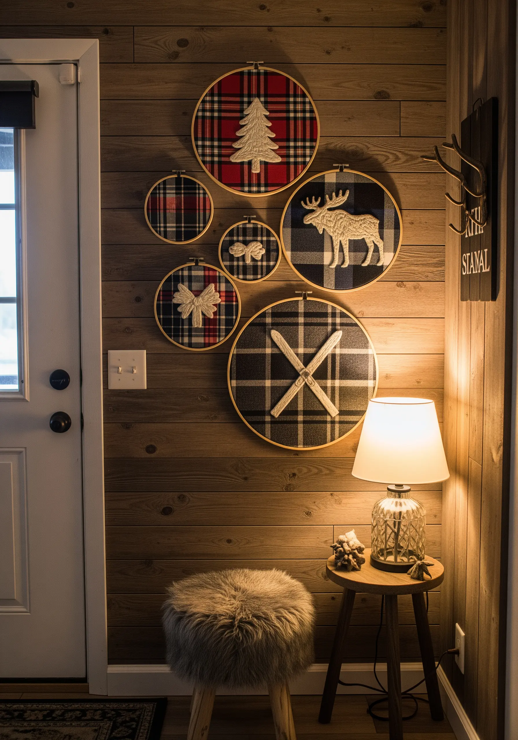 Rustic lodge-themed embroidery hoops on plaid fabric with felt appliqué of a tree and moose.