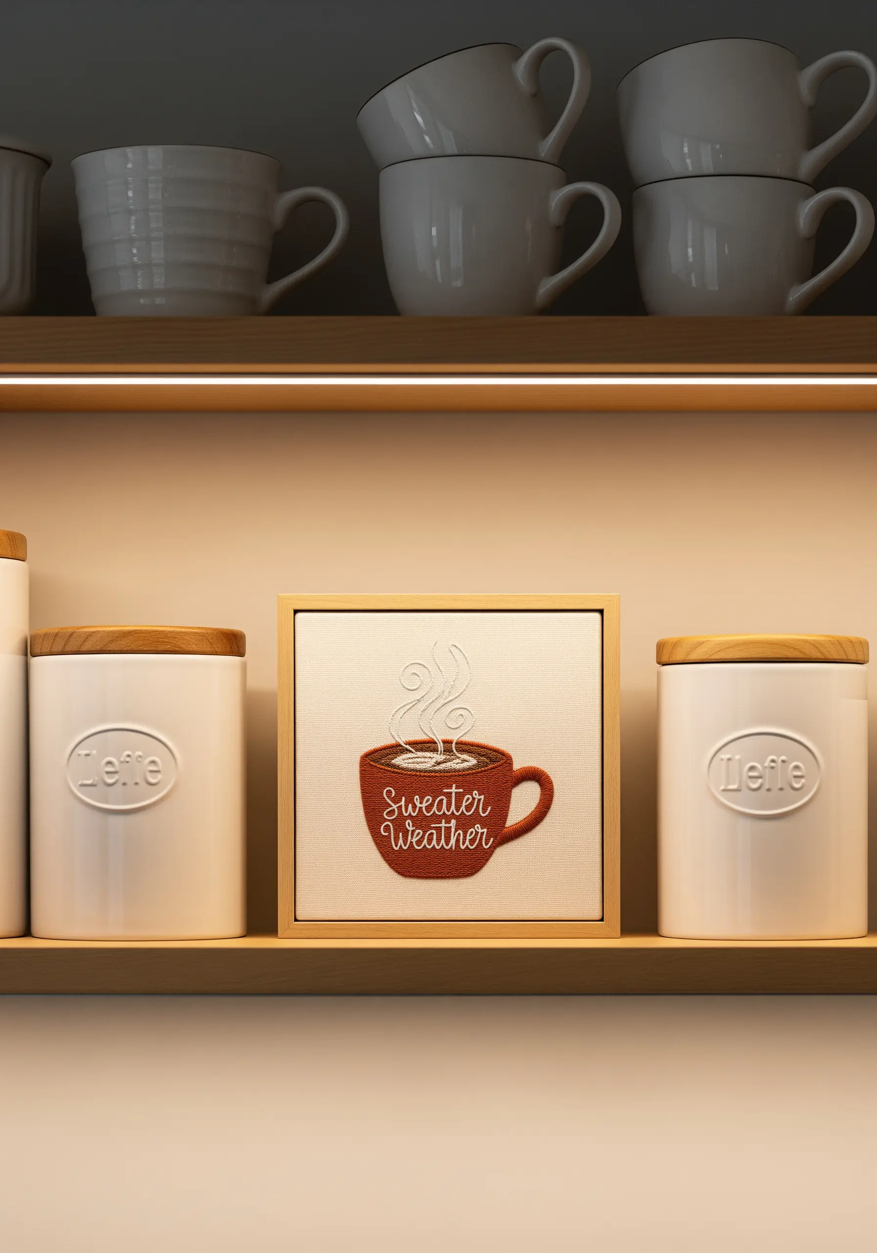 A small framed embroidery of a red coffee cup with the words 'Sweater Weather' on a kitchen shelf.