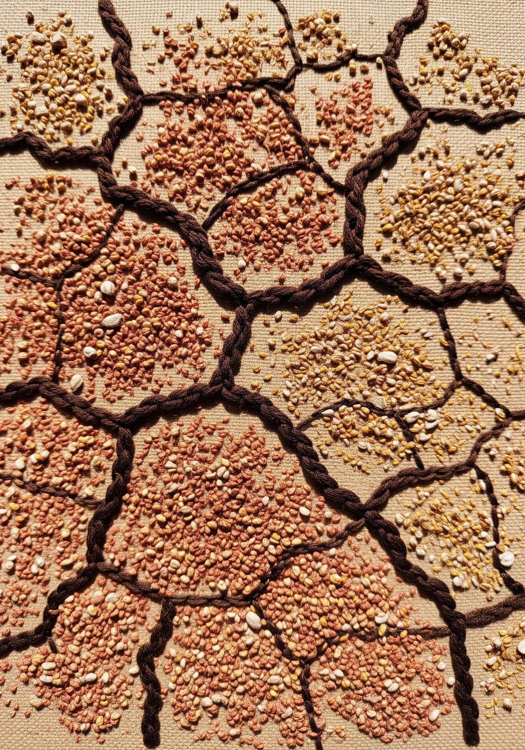 Cracked earth texture made with dense French knots and couched dark brown yarn.