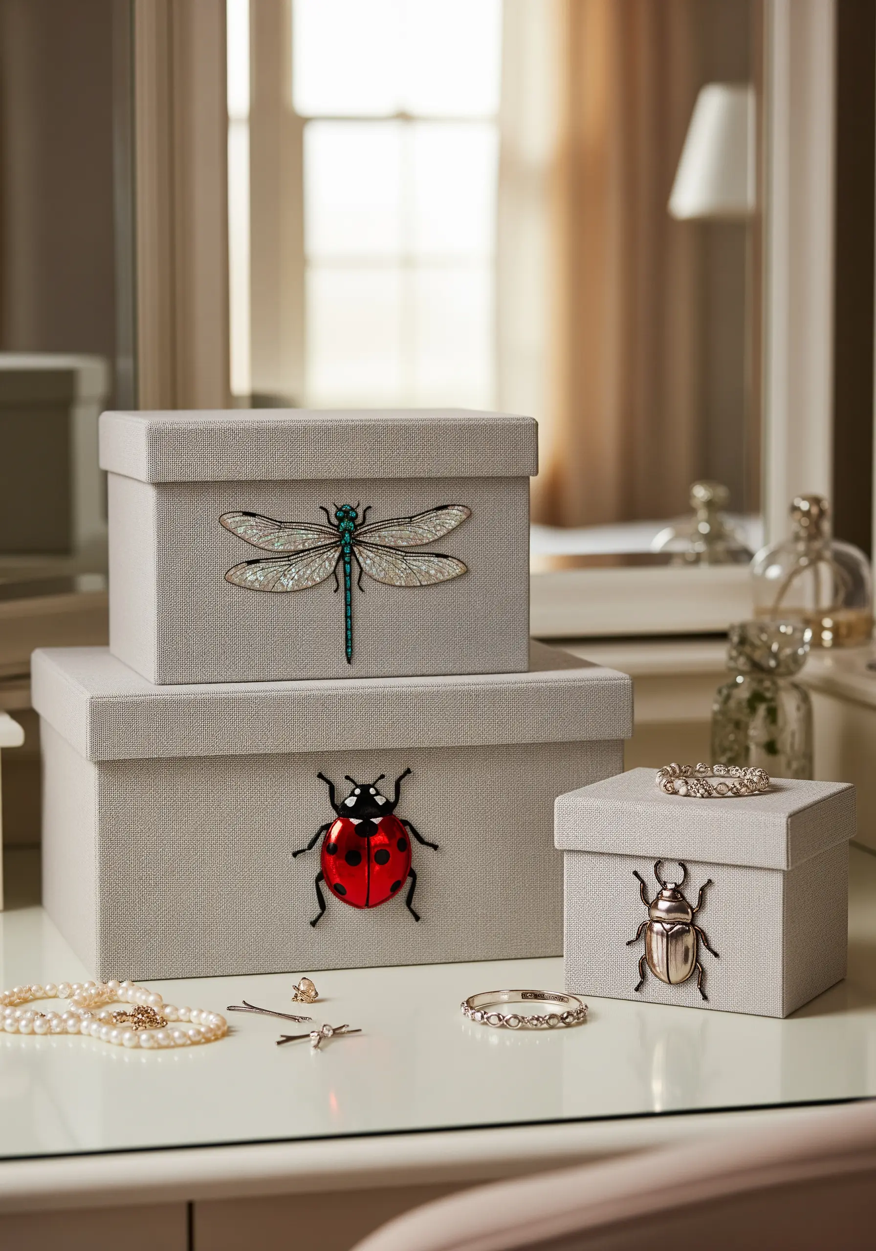 Linen storage boxes embellished with realistic, 3D embroidered insects like a dragonfly and beetle.