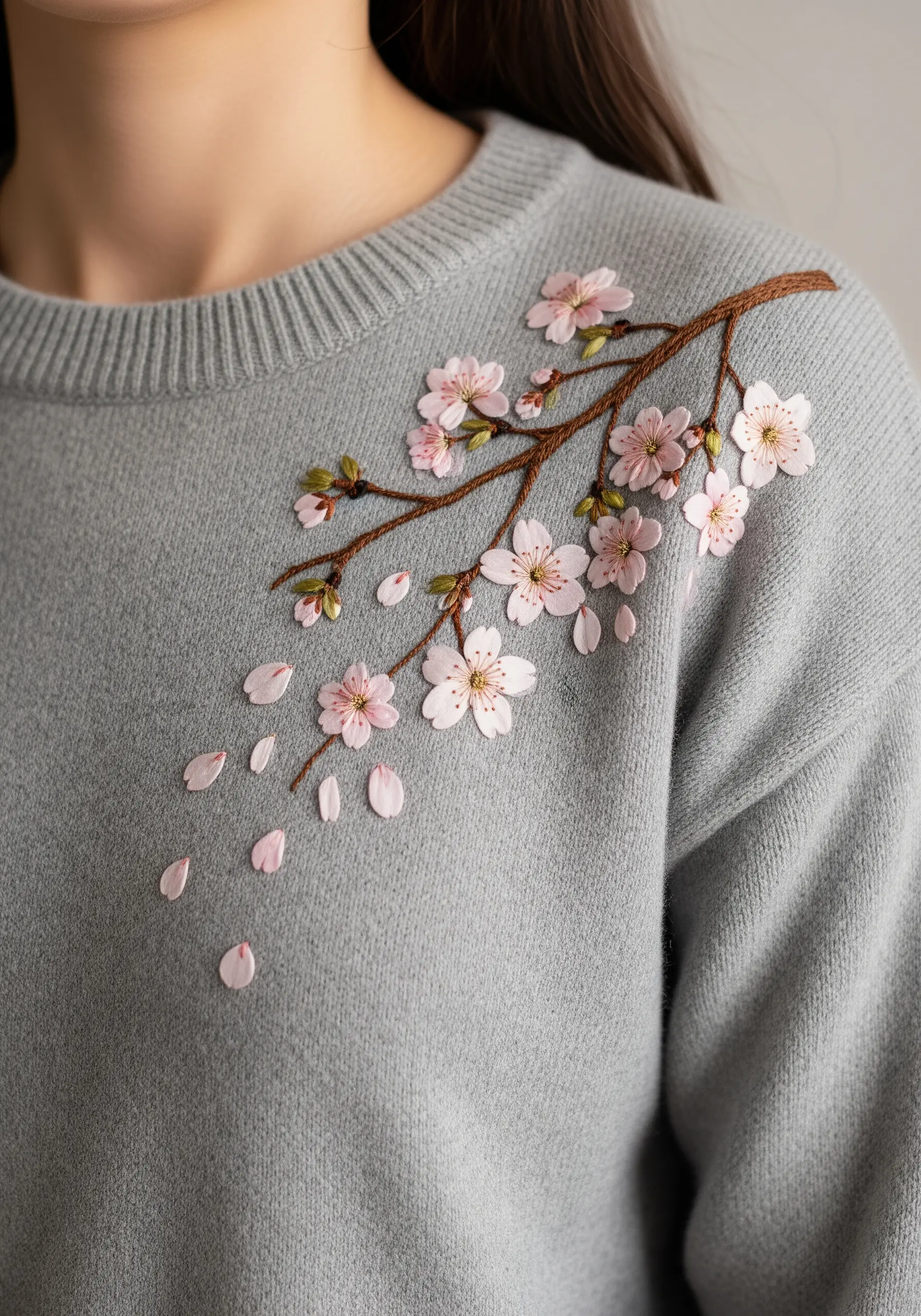 A 3D cherry blossom branch with fabric petals embroidered on the shoulder of a grey sweater.