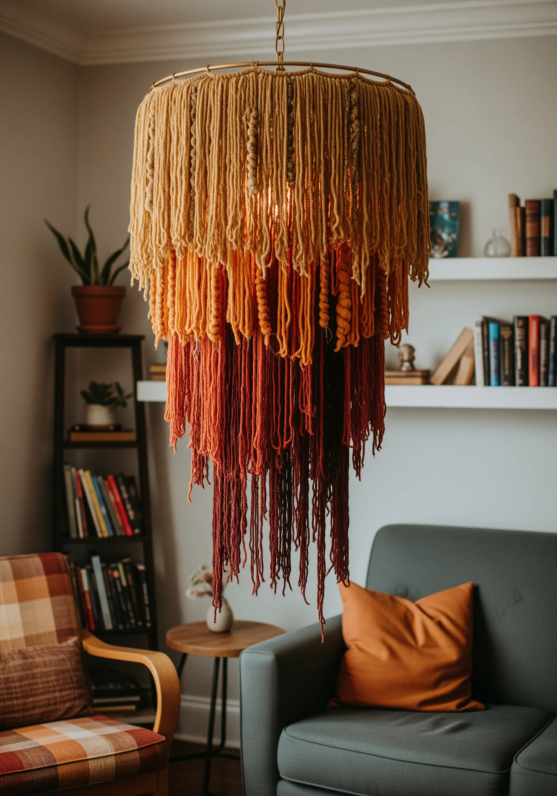 A tiered macrame-style chandelier made with yarn in shades of gold, orange, and deep red.