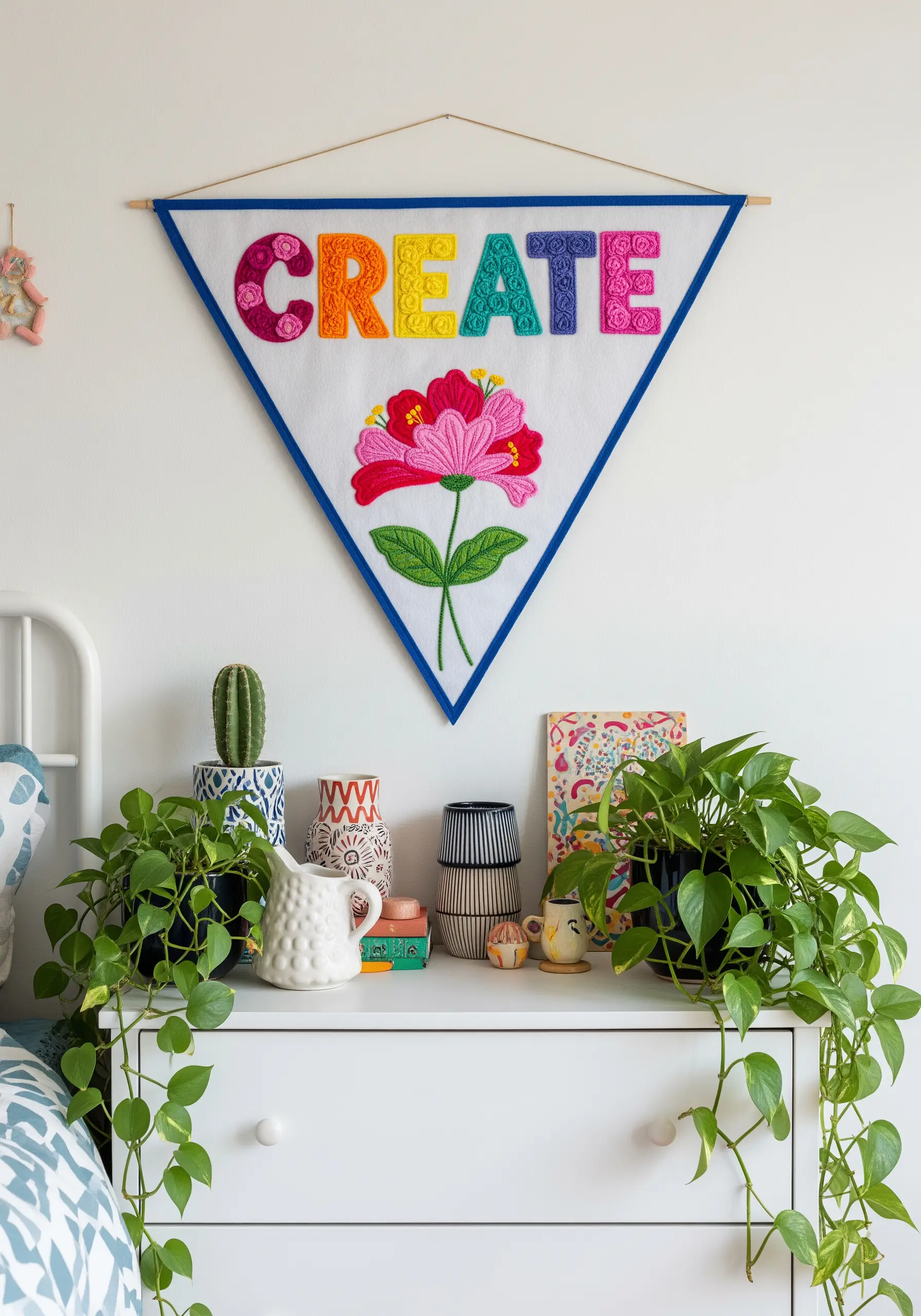 A felt pennant banner with the word 'CREATE' in colorful, texturally embroidered letters.