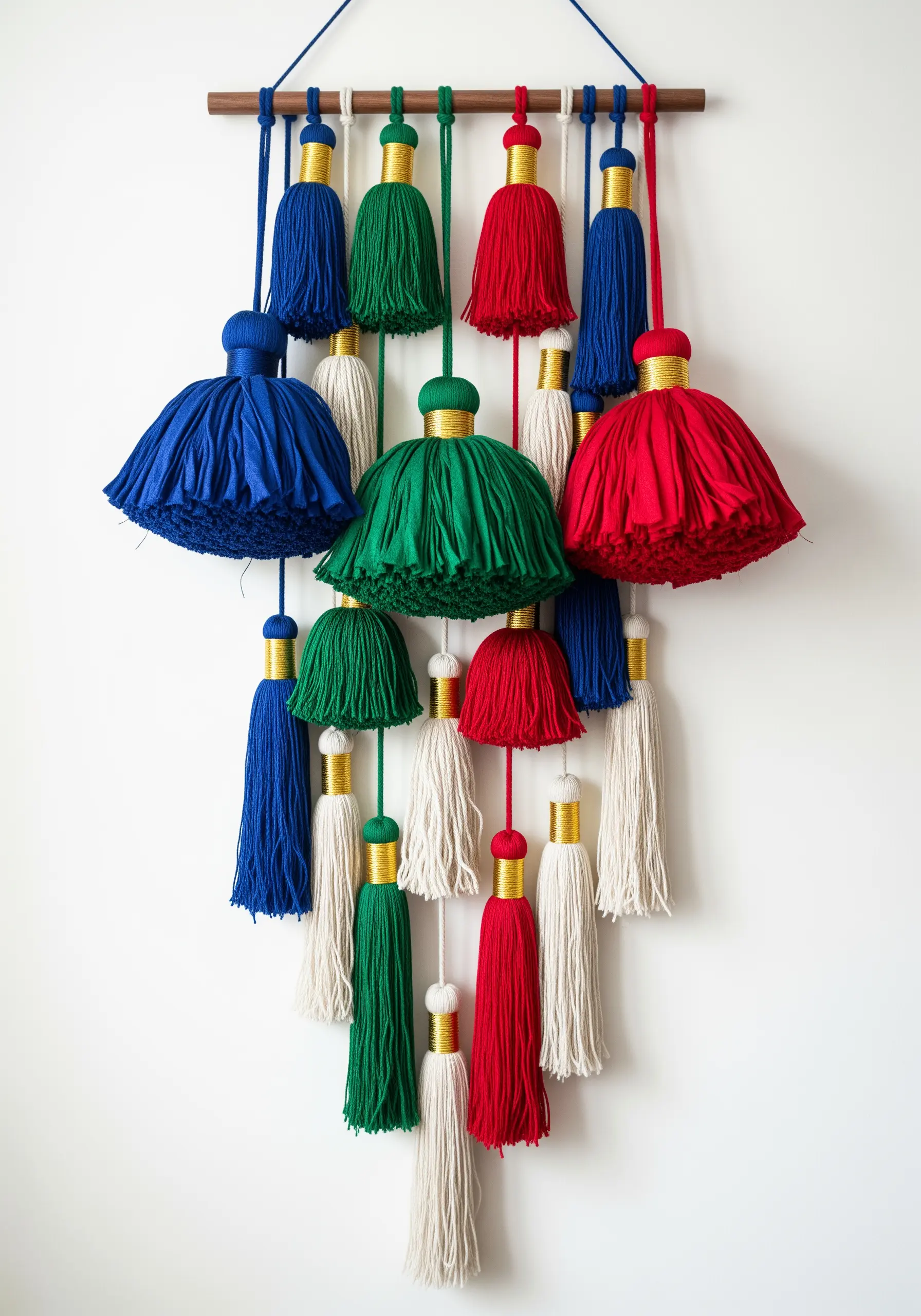 A collection of red, blue, green, and cream tassels with gold accents hanging on a wall.