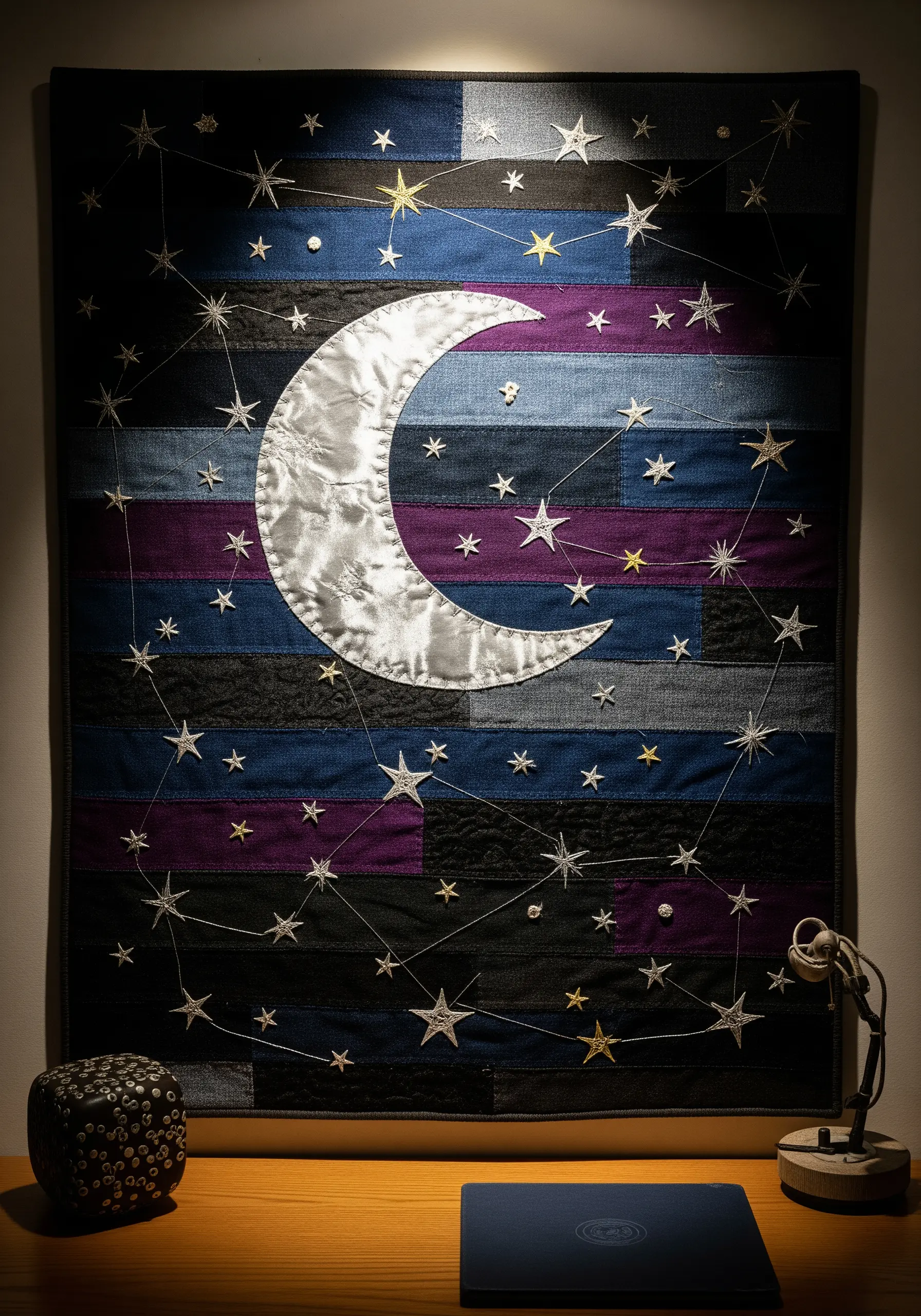 A quilted wall hanging depicting a crescent moon and stars on a dark patchwork background.