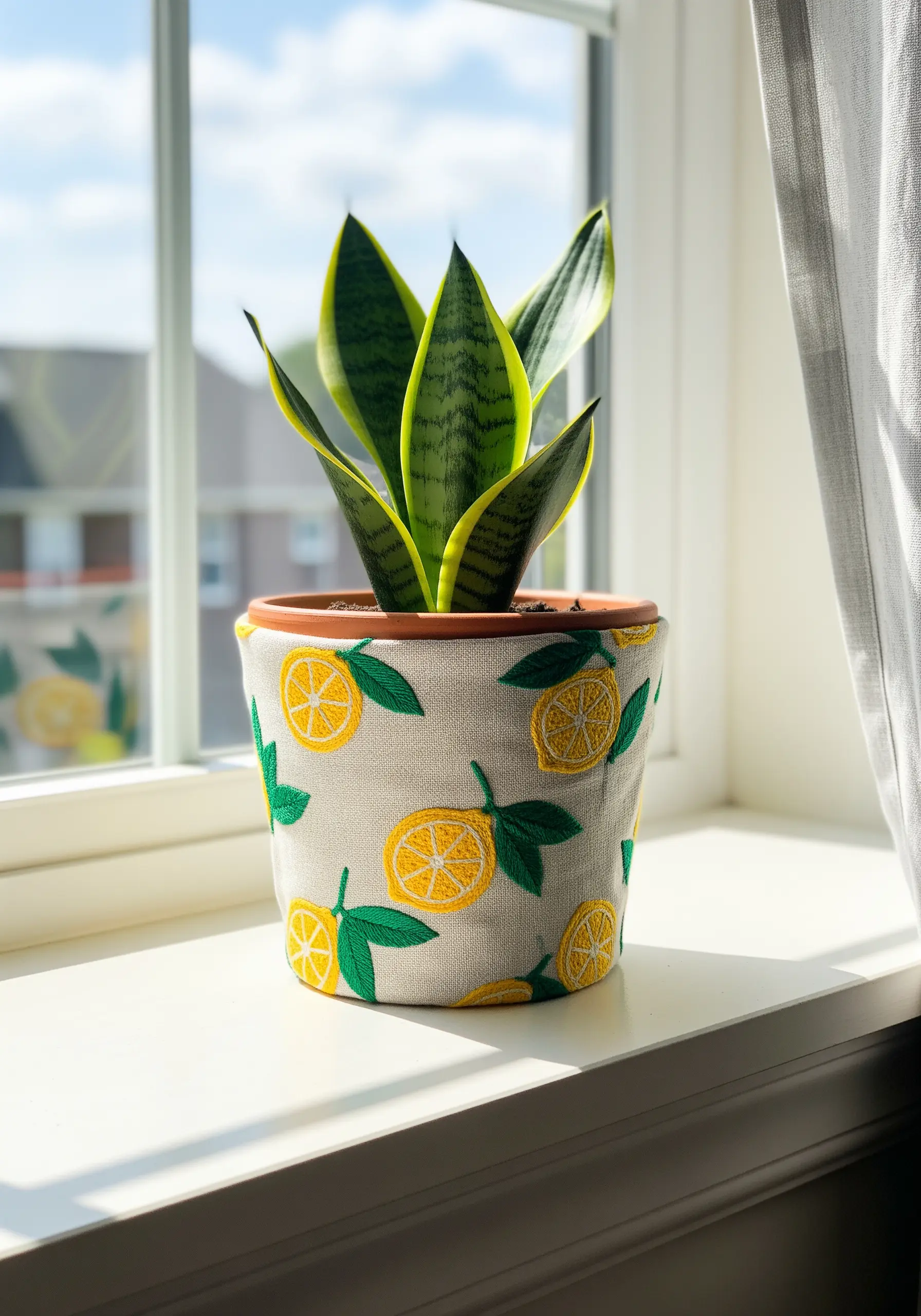 A fabric plant pot cover embroidered with a cheerful pattern of lemons and leaves.