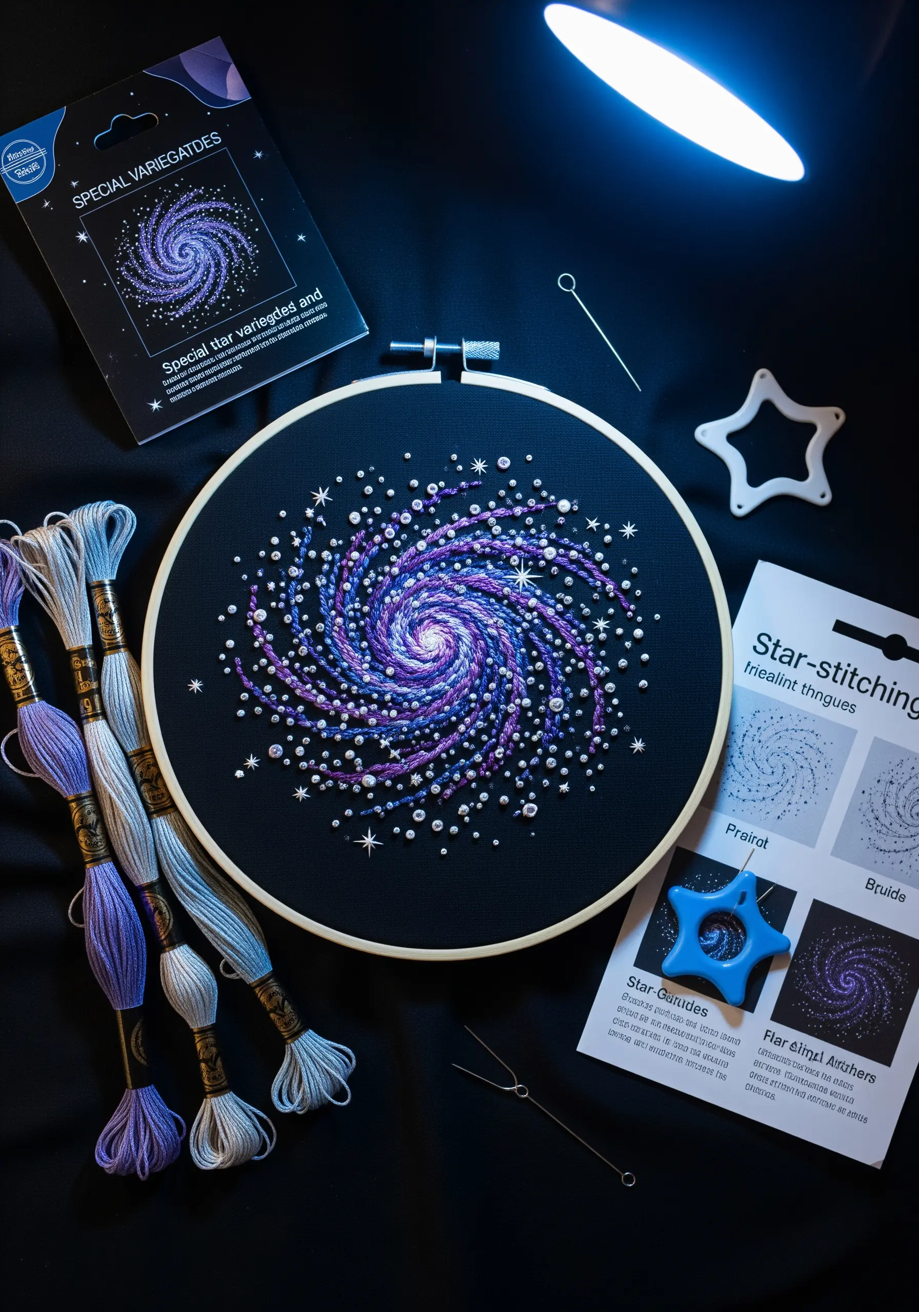 A swirling purple and blue galaxy embroidered on black fabric, dotted with beads and stars.