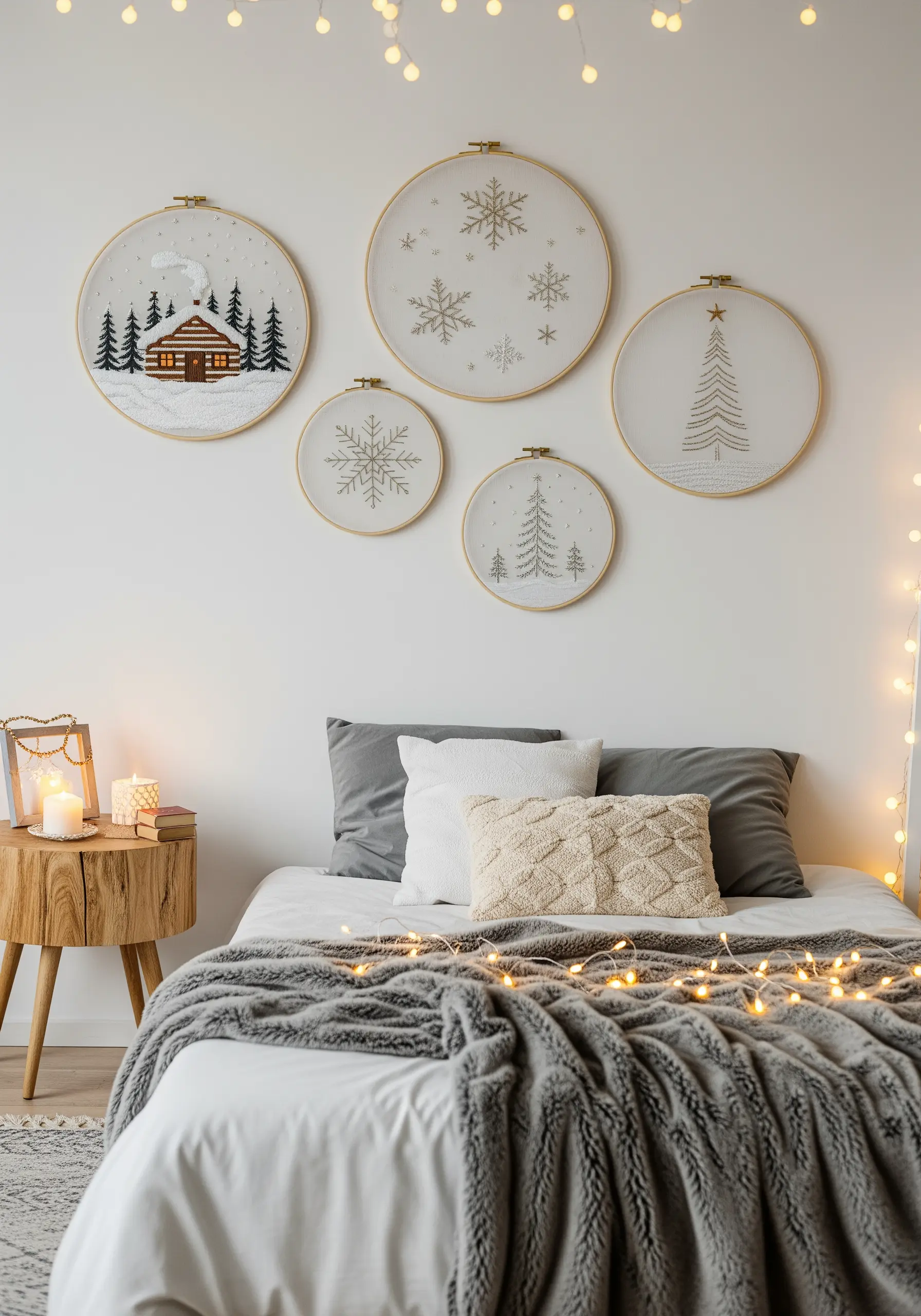A collection of winter-themed hoops featuring snowflakes, trees, and a cozy log cabin.