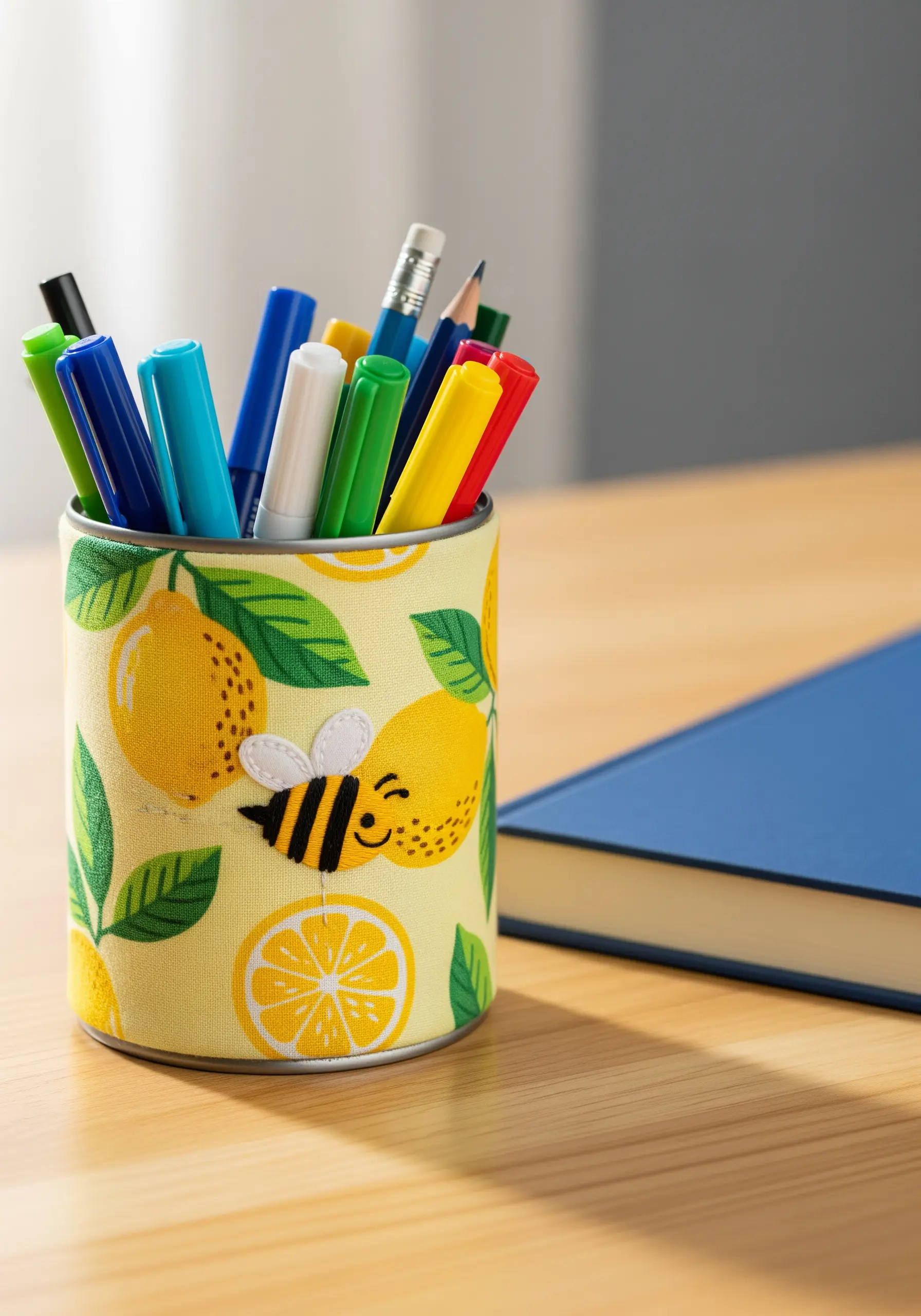 A pen holder wrapped in yellow lemon-print fabric with an embroidered bee.