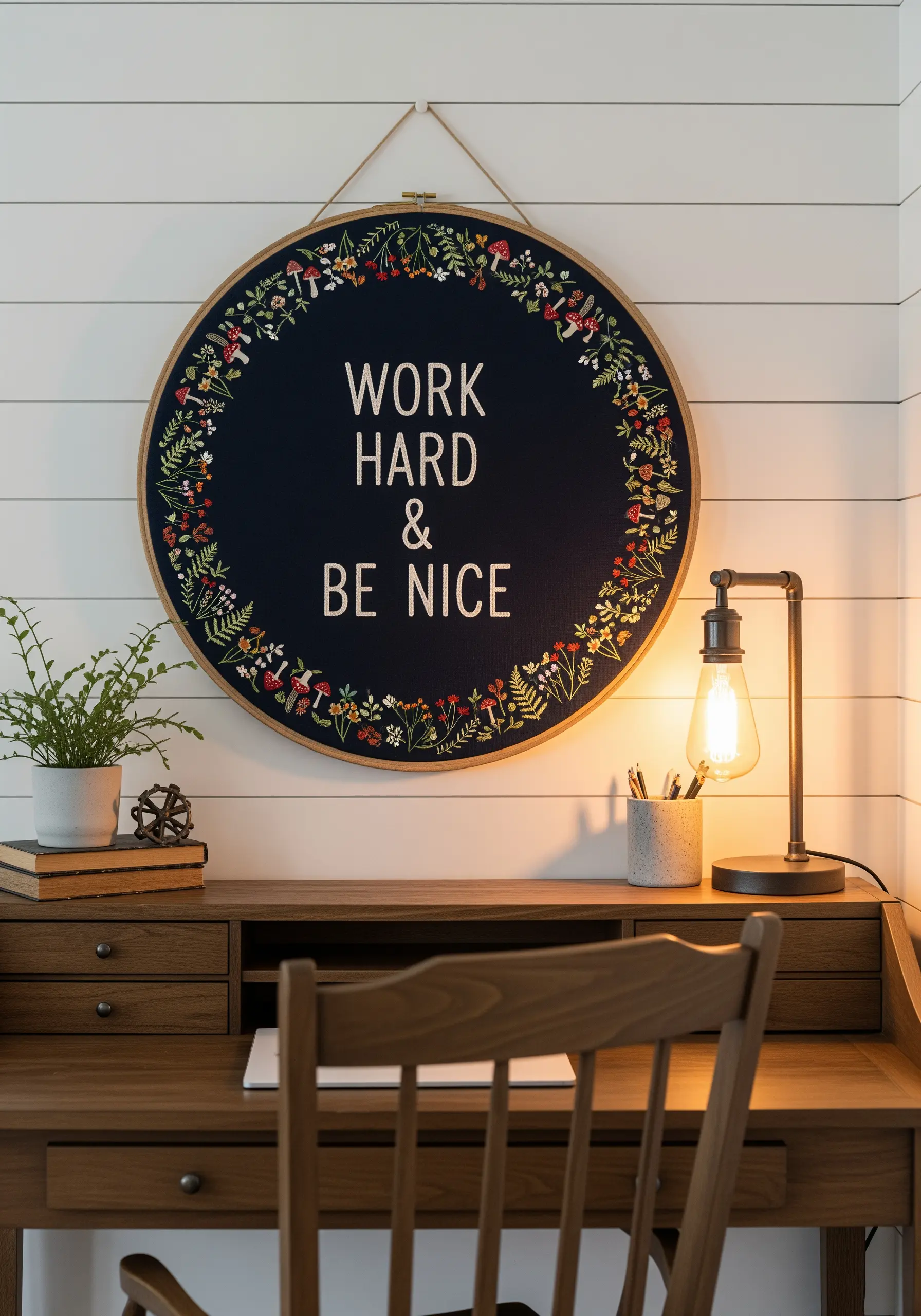A dense, colorful border of tiny embroidered wildflowers on a dark navy hoop.