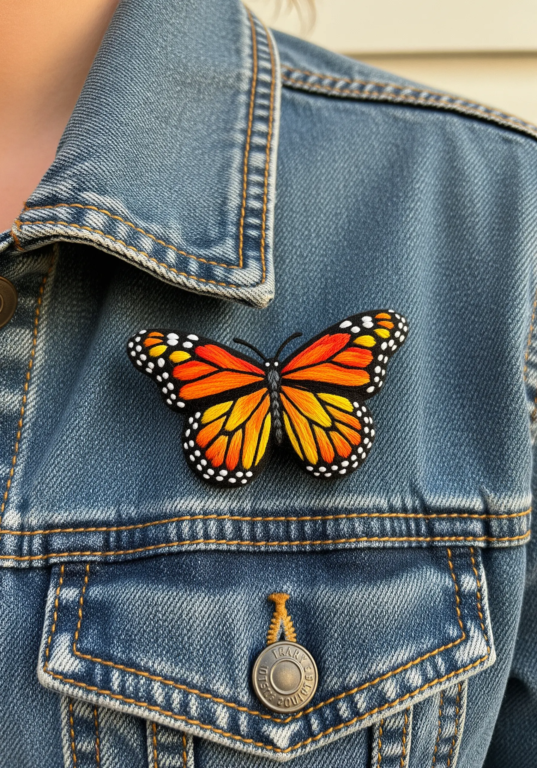 A detailed, 3D embroidered Monarch butterfly brooch pinned to a denim jacket.