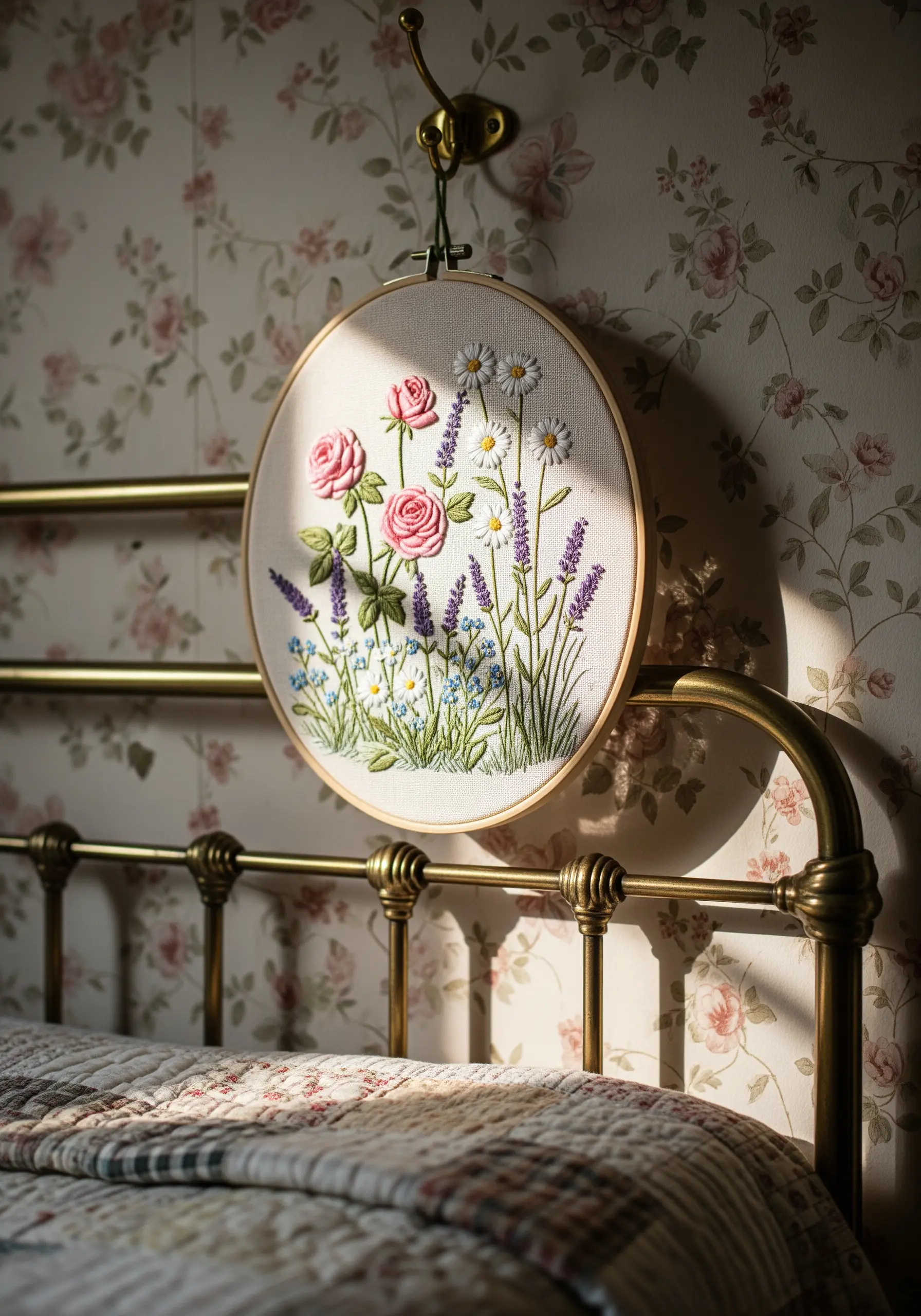 Embroidery hoop with a dimensional floral arrangement of roses, lavender, and daisies.