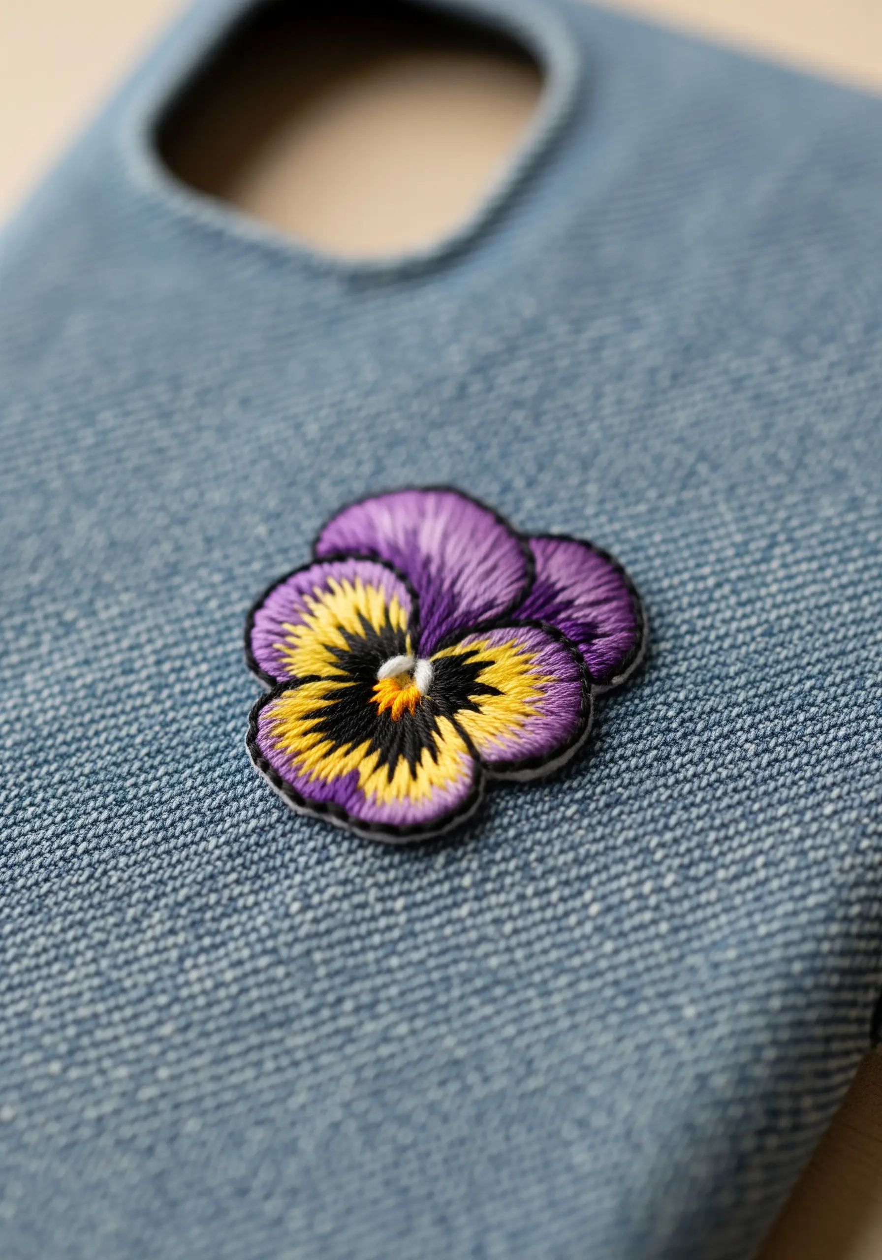 A detailed purple and yellow pansy embroidered as a raised patch on a denim phone case.