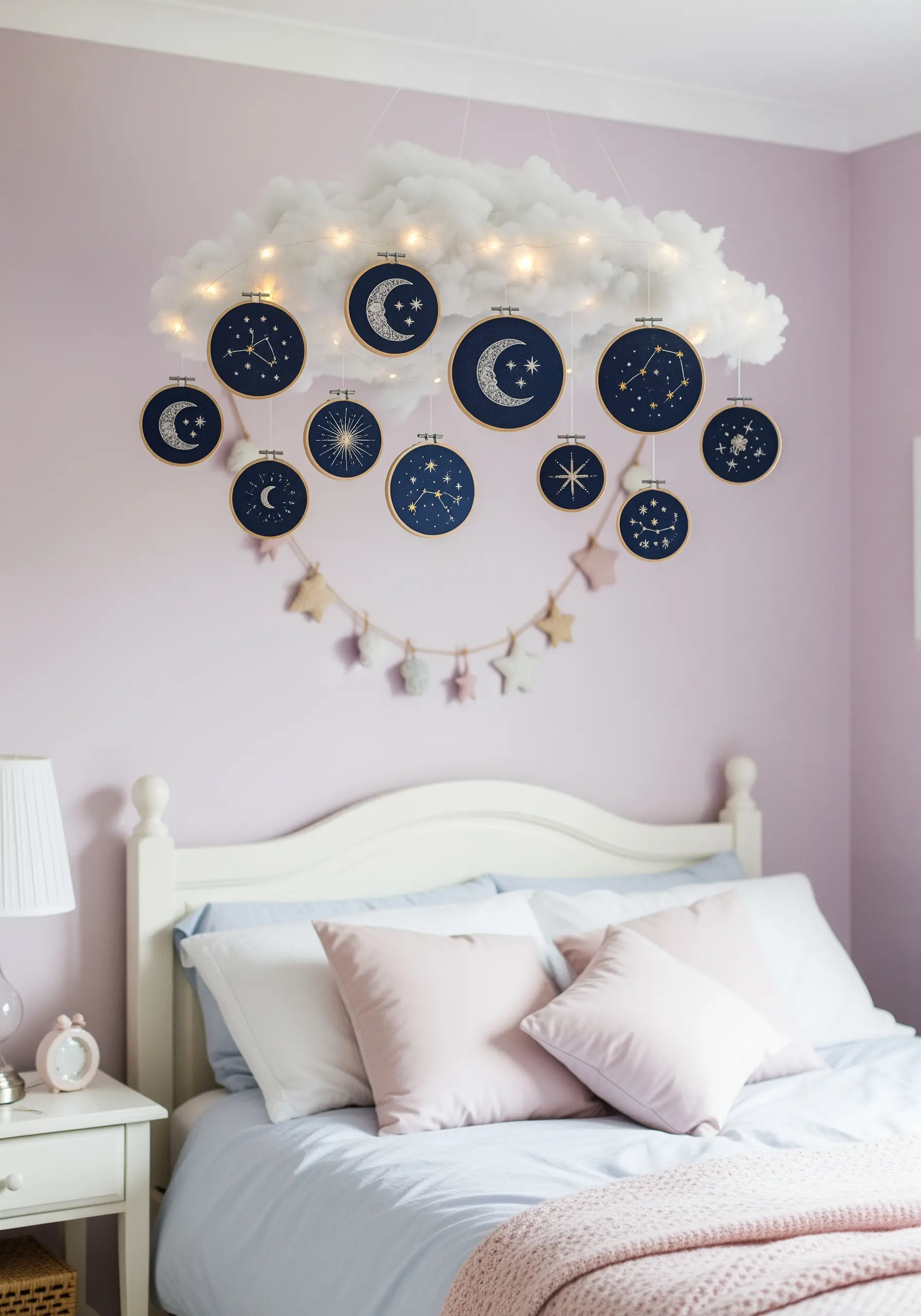 A celestial-themed embroidery hoop mobile hanging from a fluffy white cloud structure.