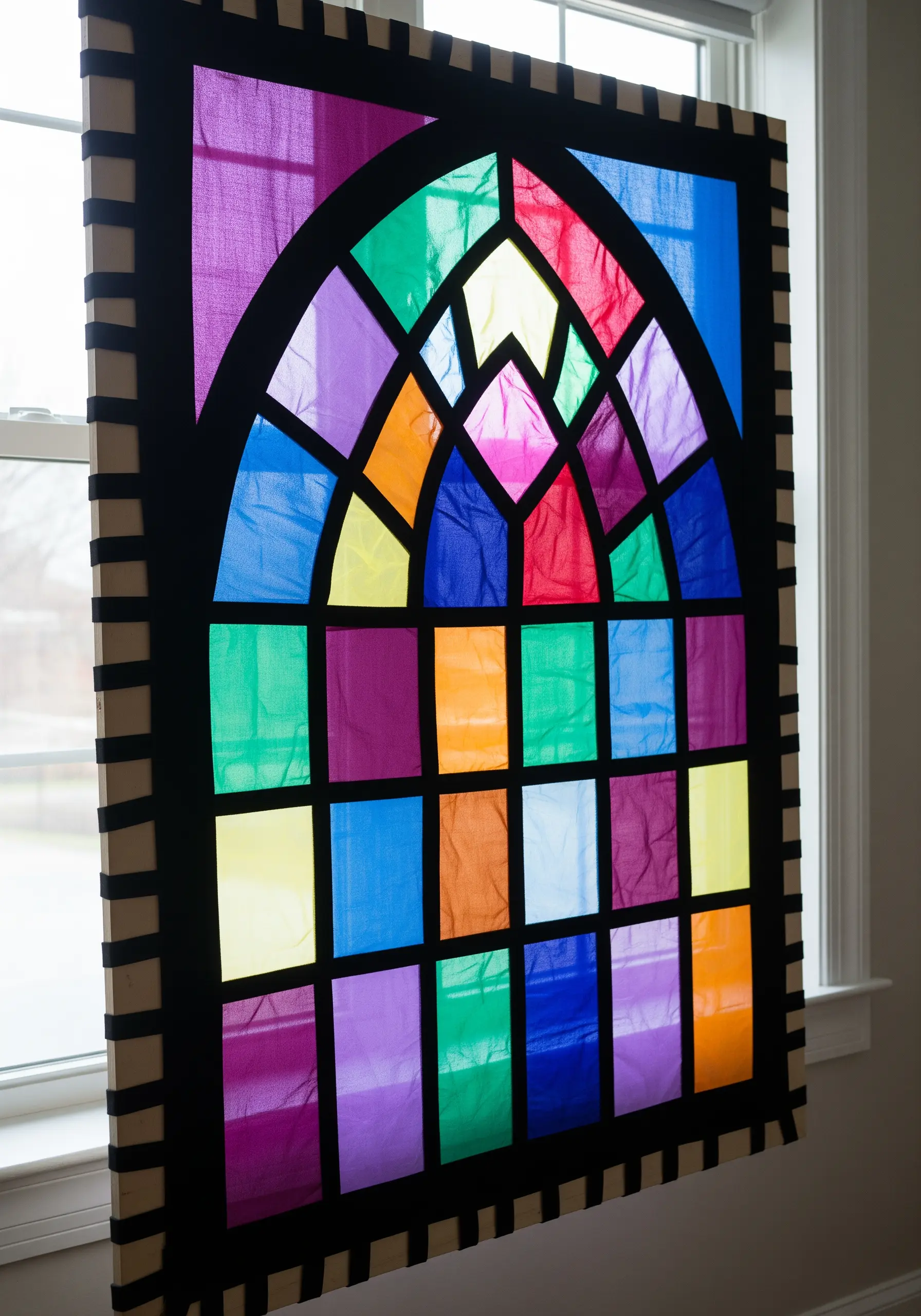 A fabric panel imitating a stained glass window, with colored translucent fabrics and black outlines.