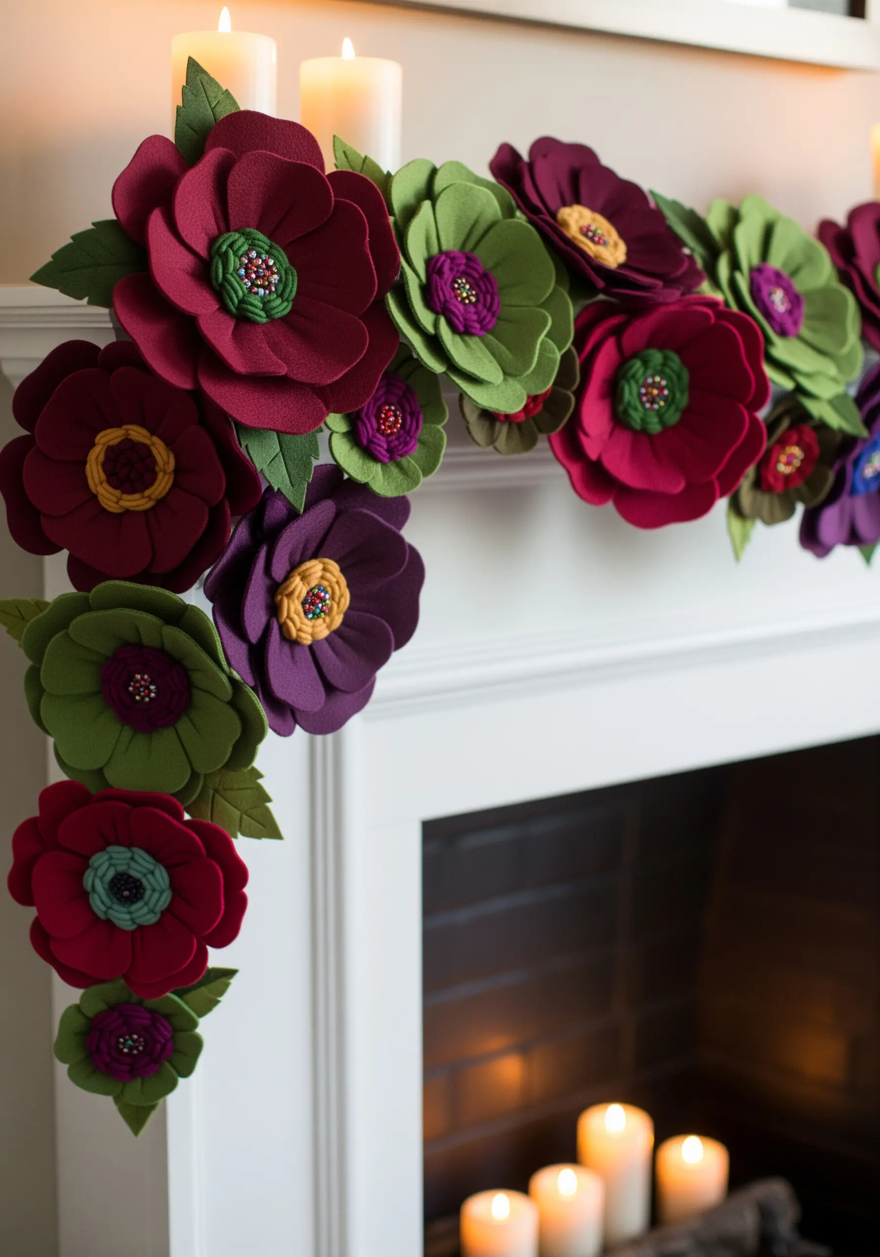 A colorful garland of 3D felt flowers with beaded centers draped over a white mantelpiece.