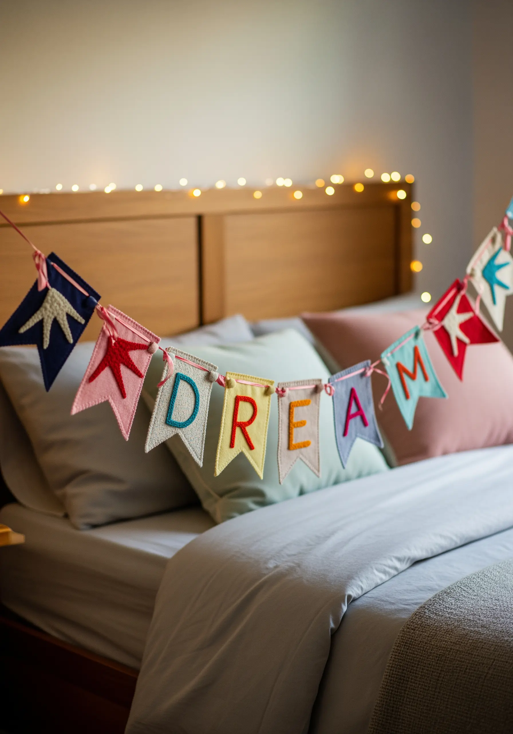 A garland made of colorful felt pennants spelling out the word 'DREAM' hanging over a bed.