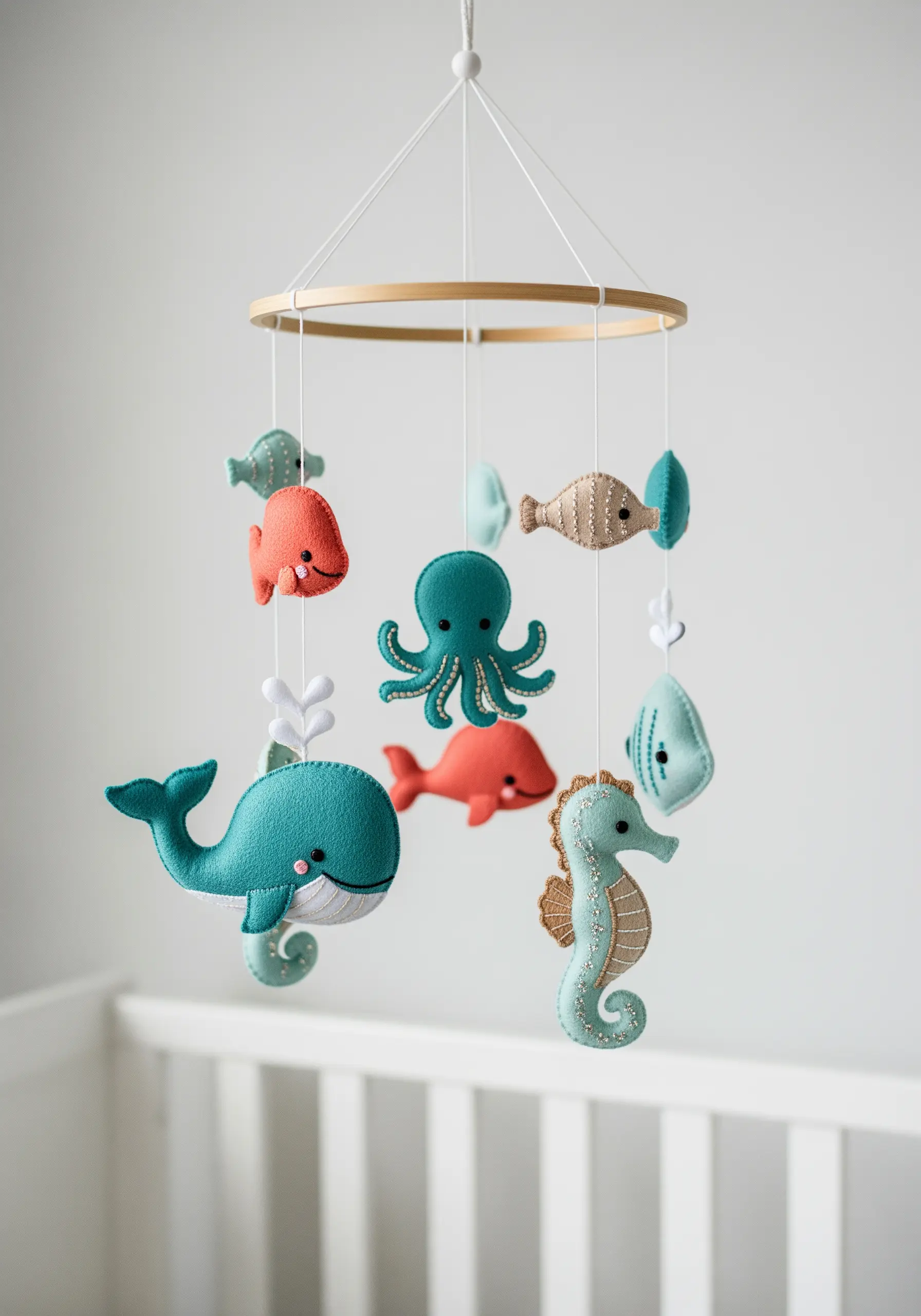 A handmade baby mobile with stitched felt sea creatures like a whale and octopus.