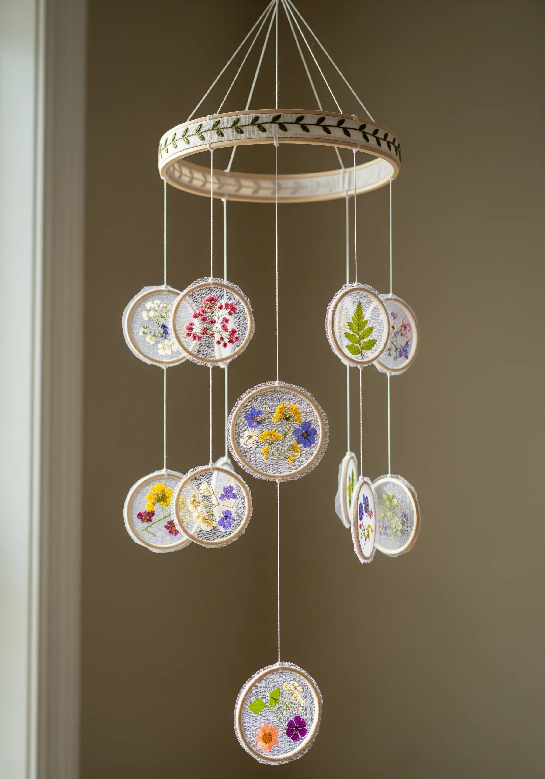 A baby mobile made of small hoops filled with pressed flowers on sheer fabric.