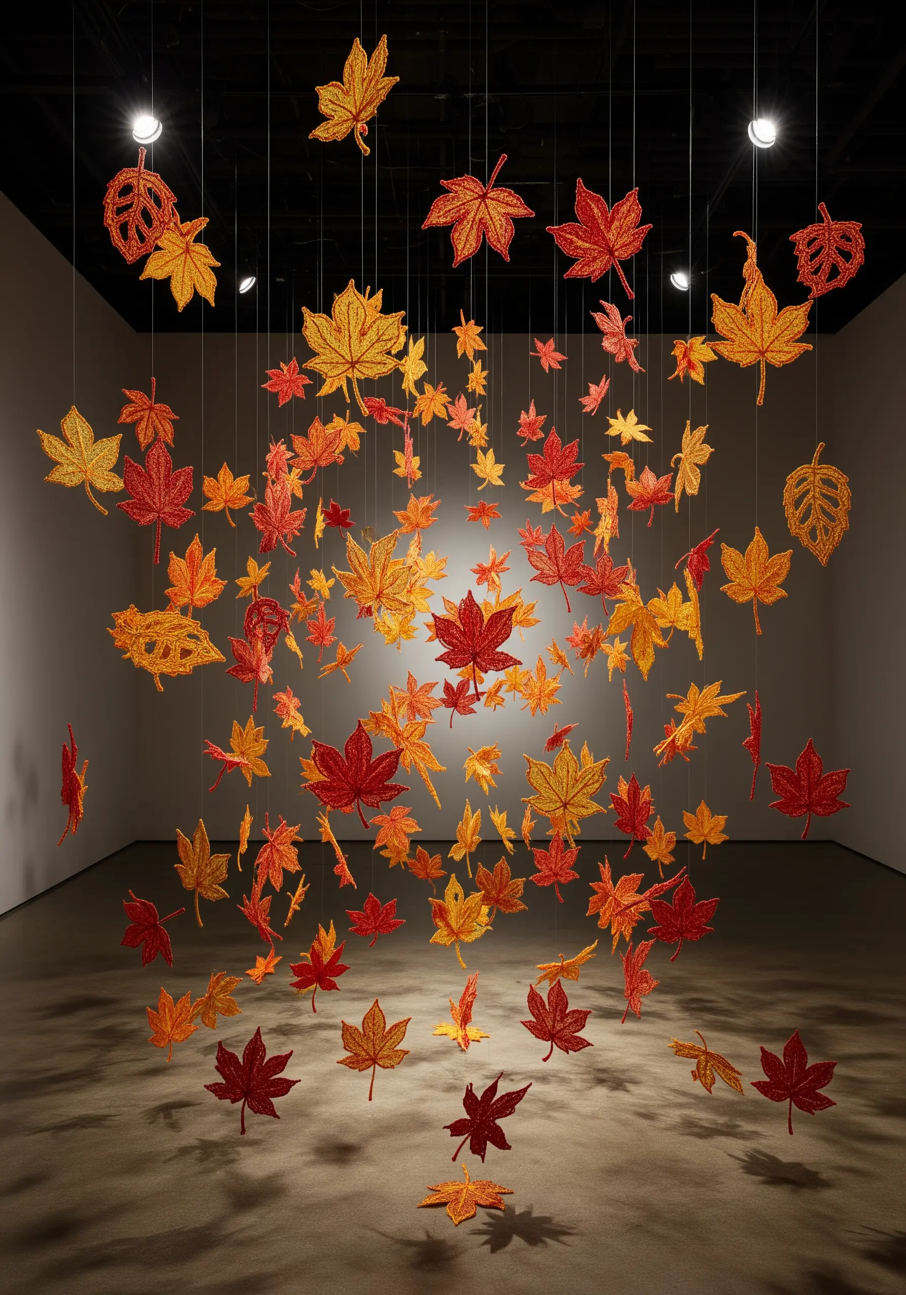 An art installation of dozens of embroidered autumn leaves suspended from the ceiling.