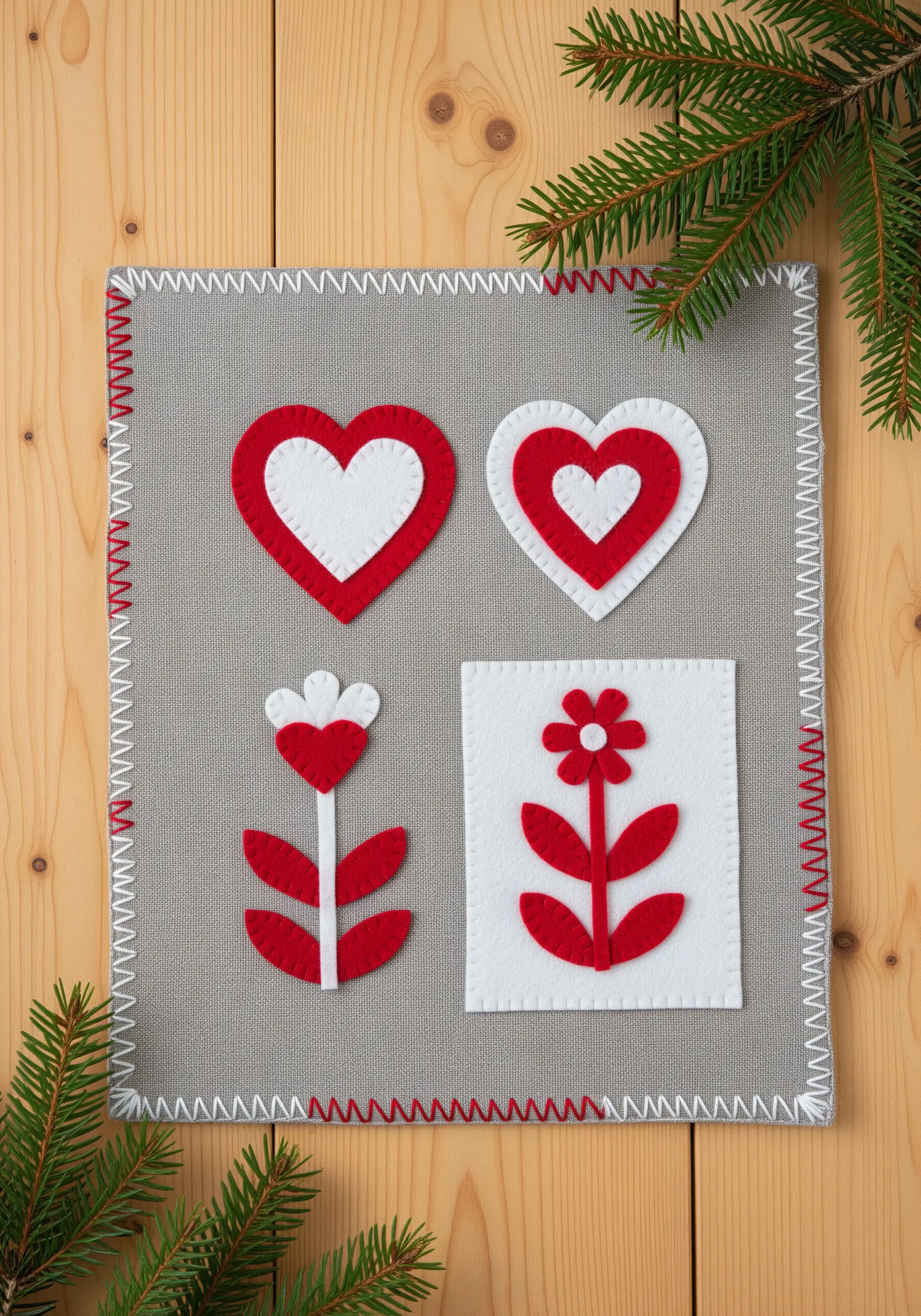 A Scandinavian-style folk art sampler with red and white felt hearts and flowers on a grey background.
