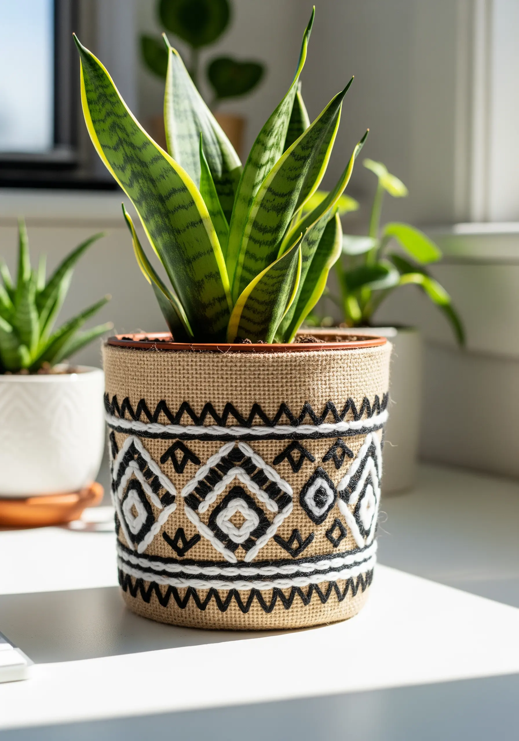 A burlap plant pot cover with a black and white geometric design.