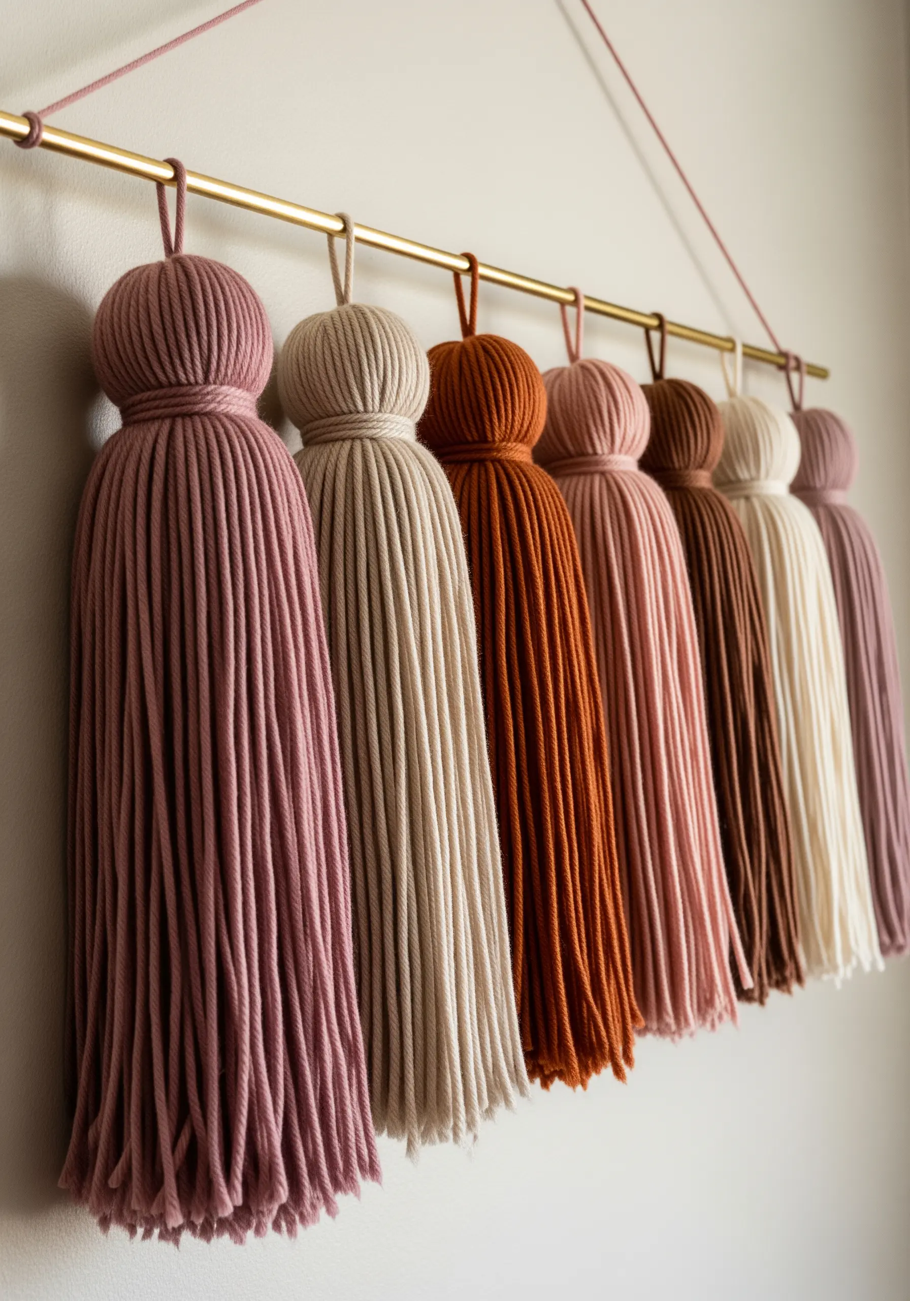 A row of perfectly wrapped, dense yarn tassels in a warm, earthy color palette.
