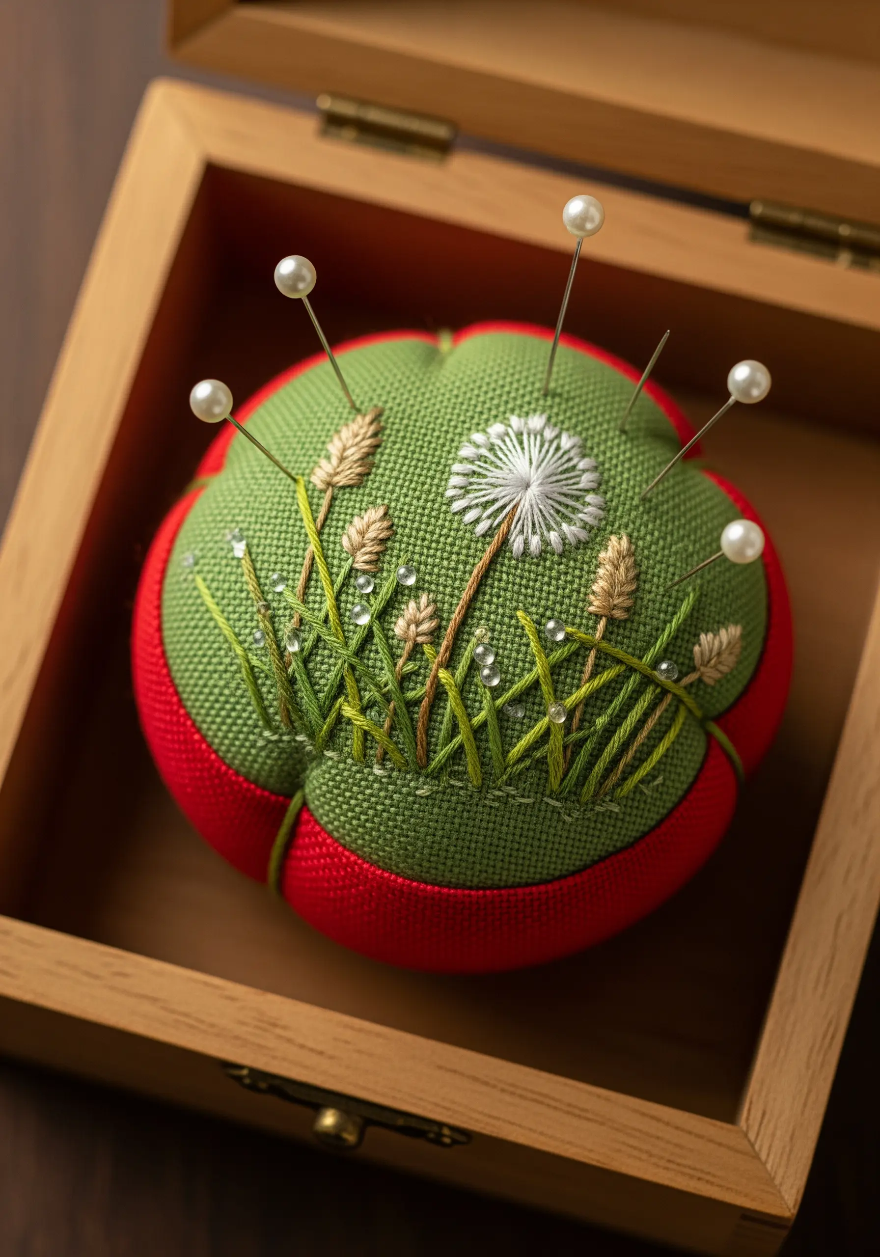 A small, round pincushion with a wildgrass meadow embroidery and bead embellishments.