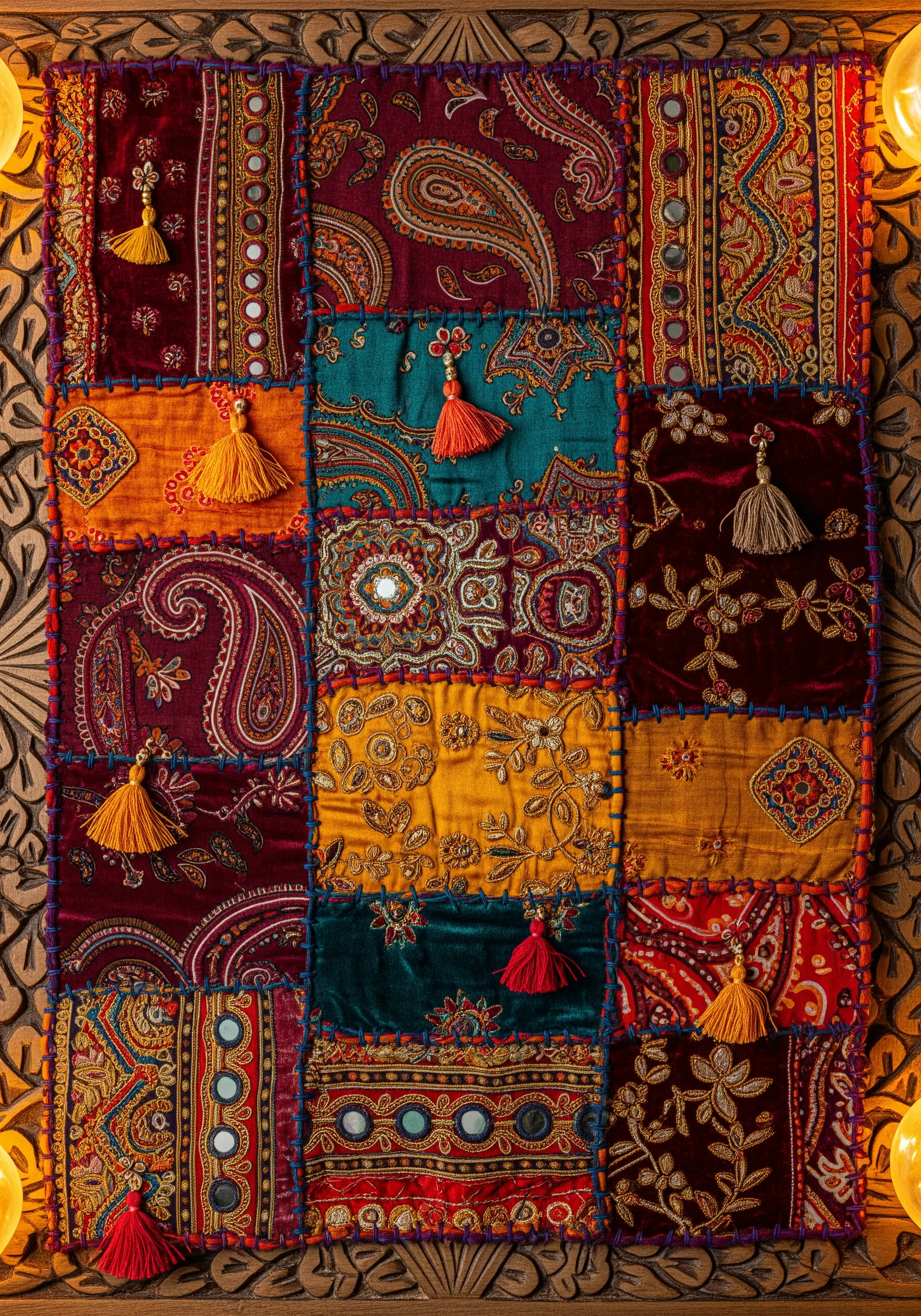 A rich patchwork collage of Indian-inspired fabrics with paisley patterns, mirrors, and tassels.