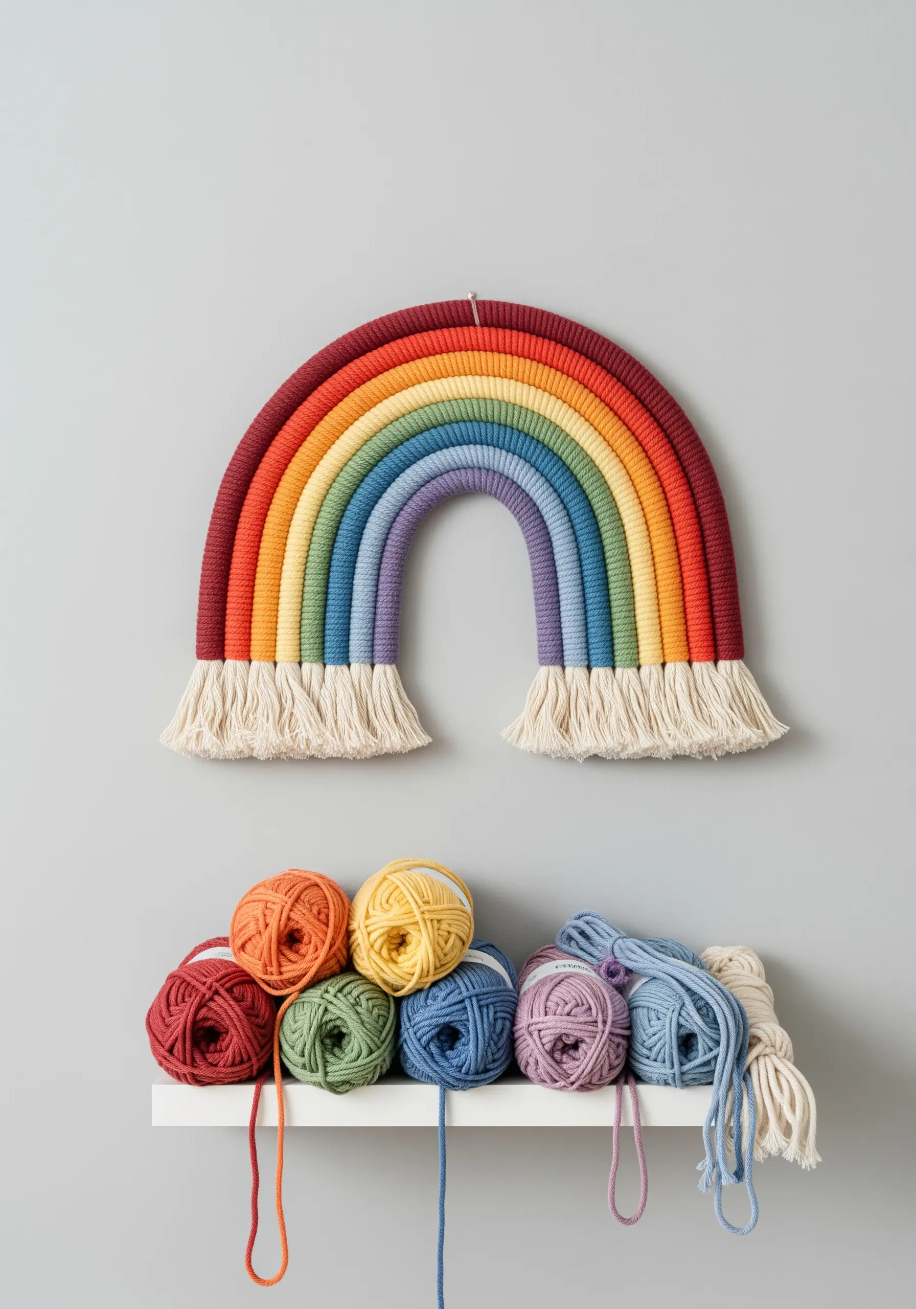 A modern macrame rainbow wall hanging made from yarn-wrapped rope, with balls of yarn below.