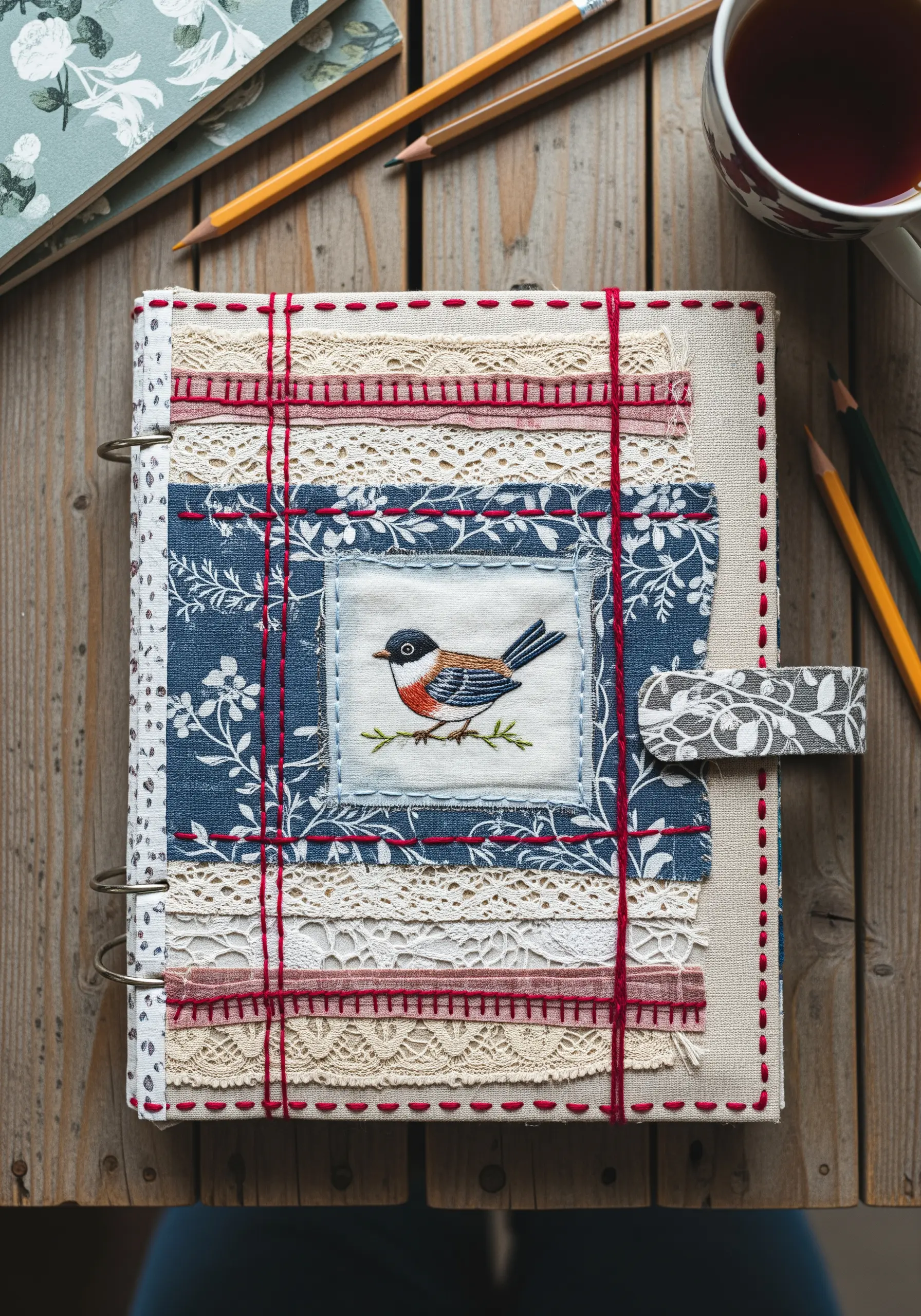 Fabric journal cover with layered scraps, lace, and a central embroidered bird motif.