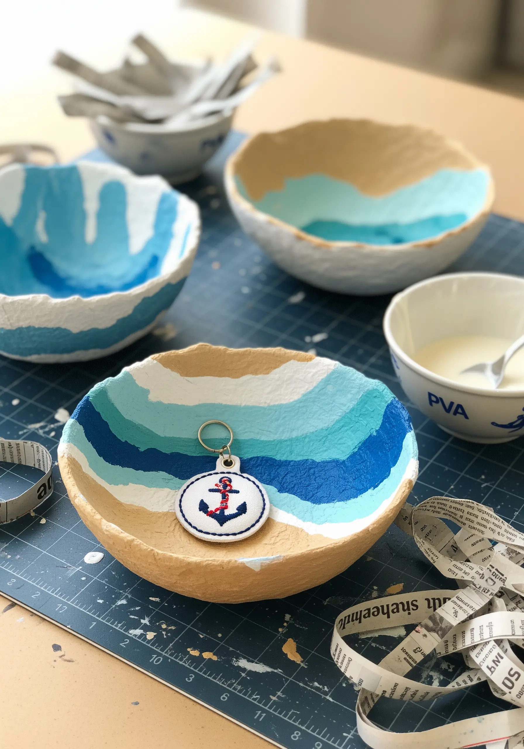 An embroidered anchor keychain resting inside a hand-painted papier-mâché bowl.