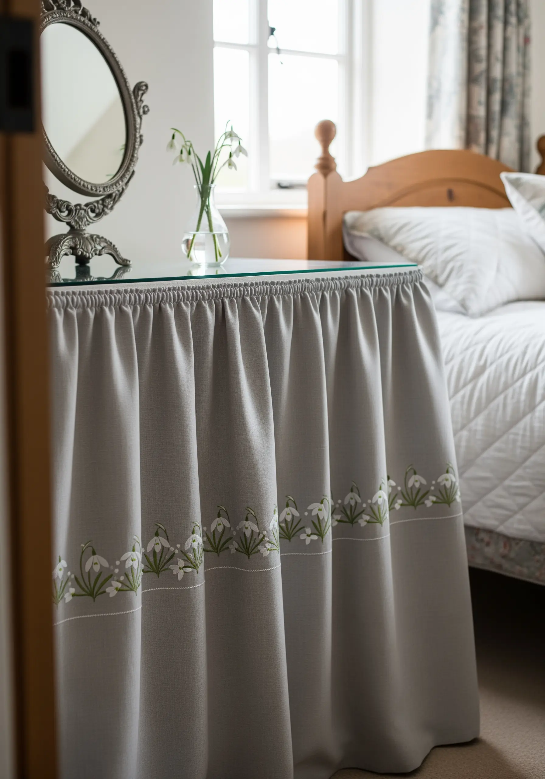 A repeating border of white snowdrop flowers stitched along the hem of a gray table skirt.
