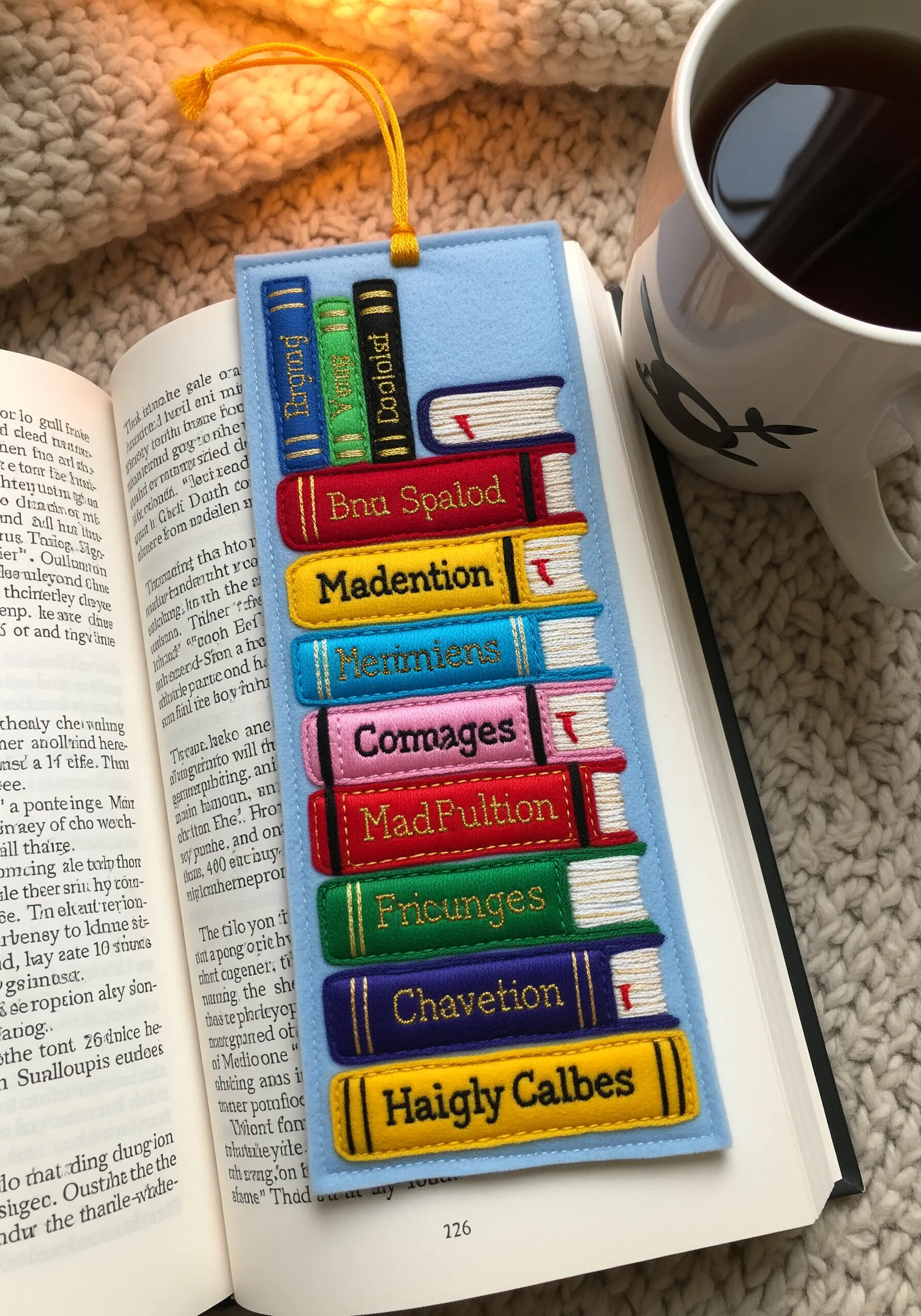 Felt bookmark designed as a stack of colorful embroidered books.