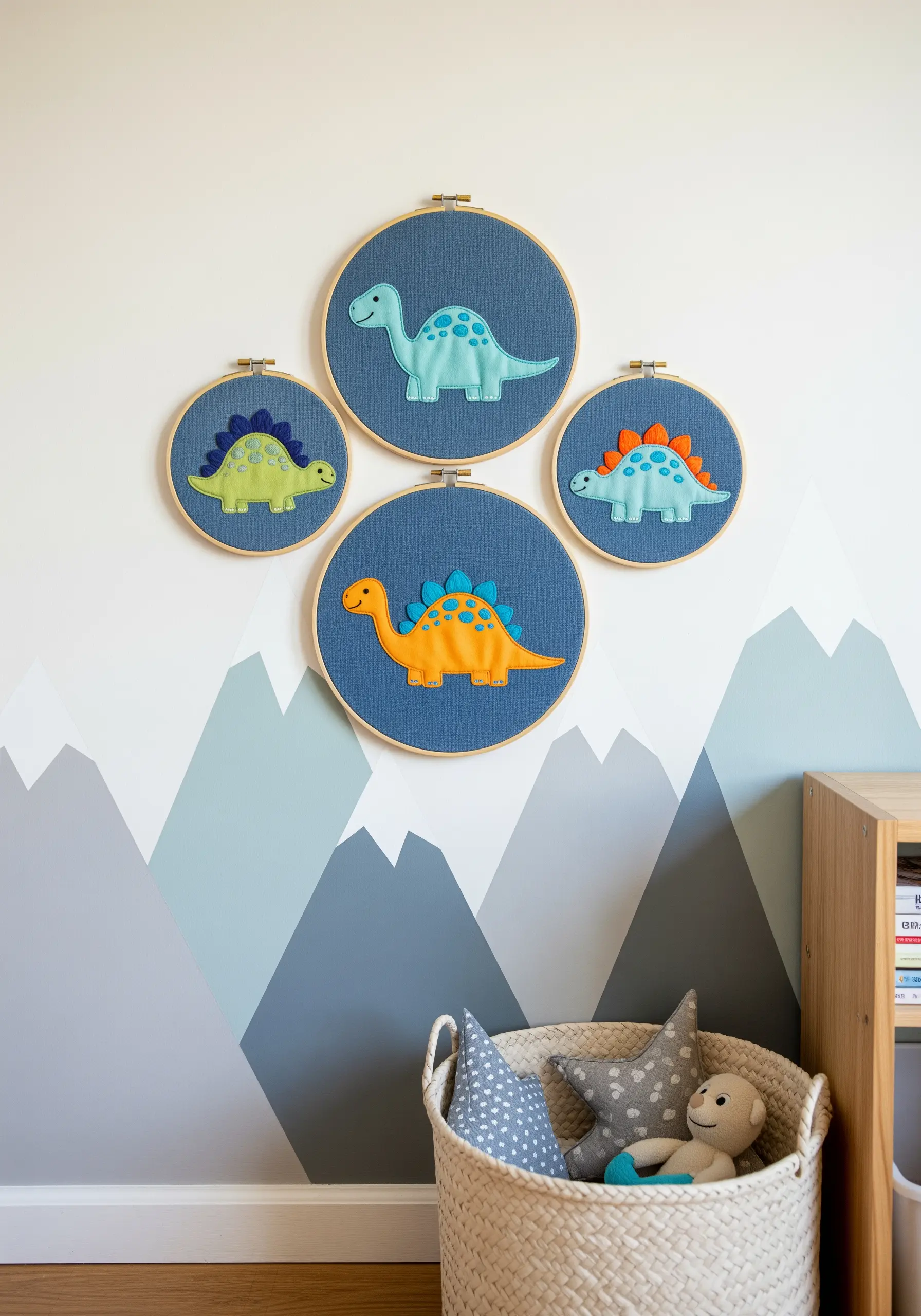 A collection of four embroidery hoops featuring colorful felt appliqué dinosaurs.
