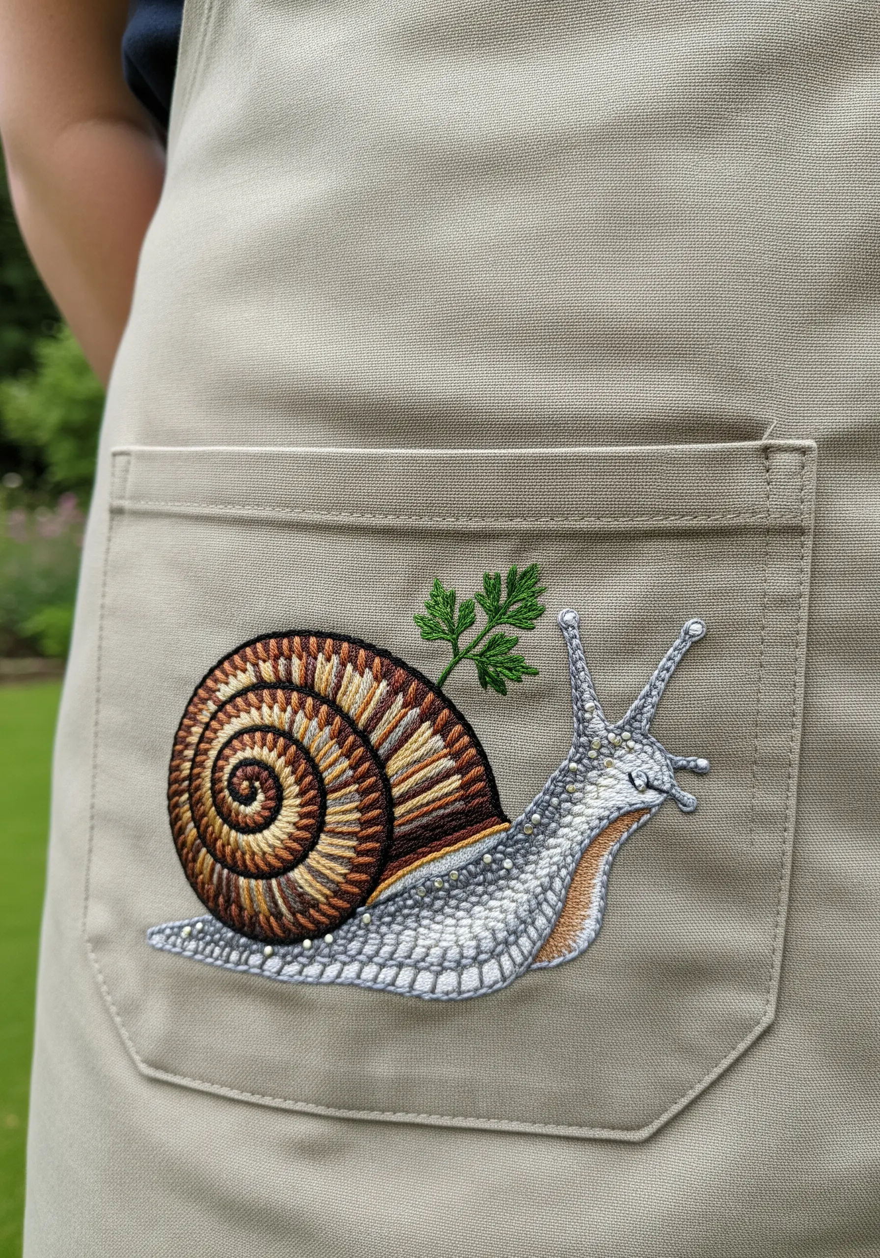A highly detailed embroidered snail with a spiraled shell on the pocket of a canvas apron.
