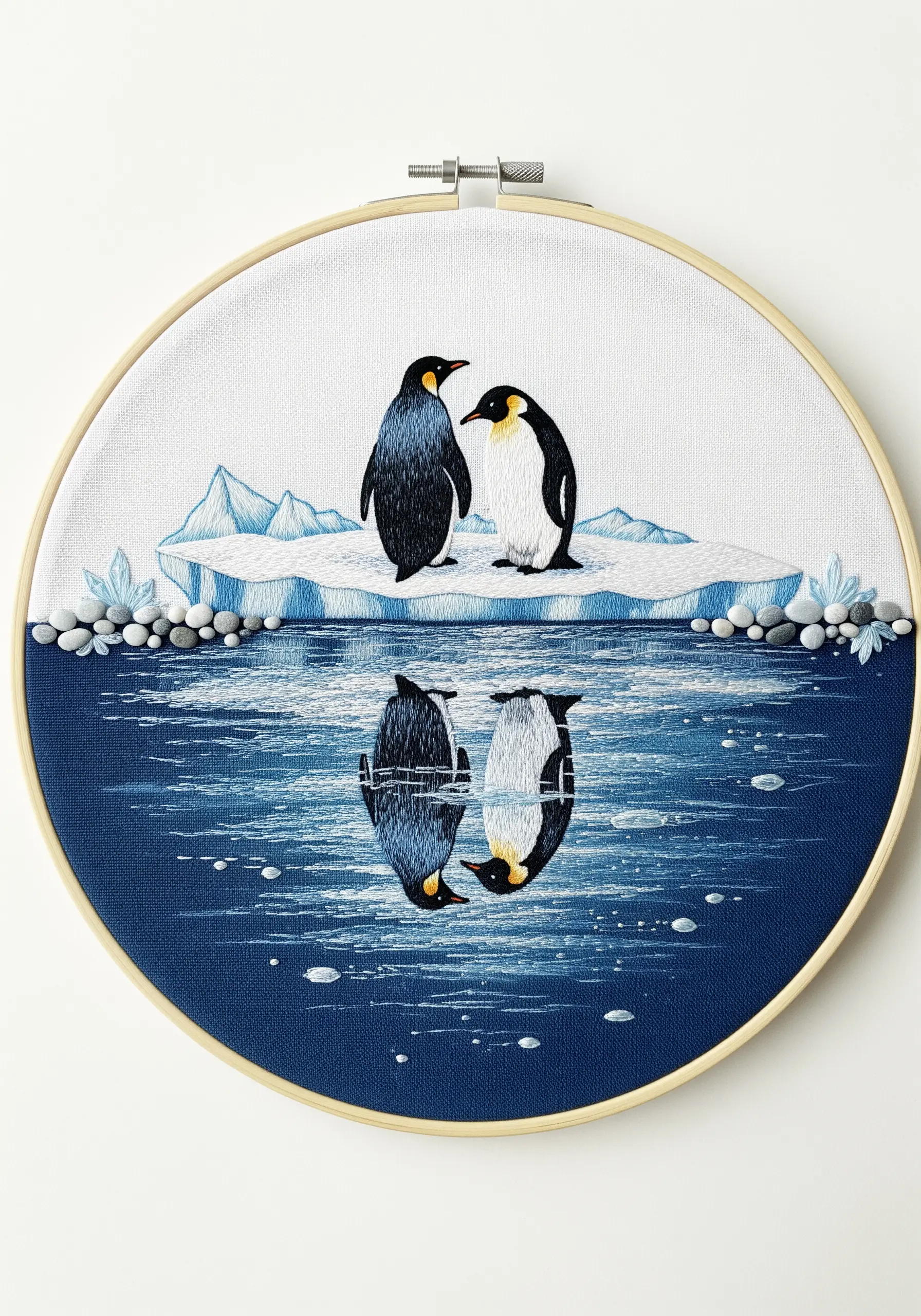 Embroidery of two penguins on an iceberg with their reflection visible in the dark blue water below.