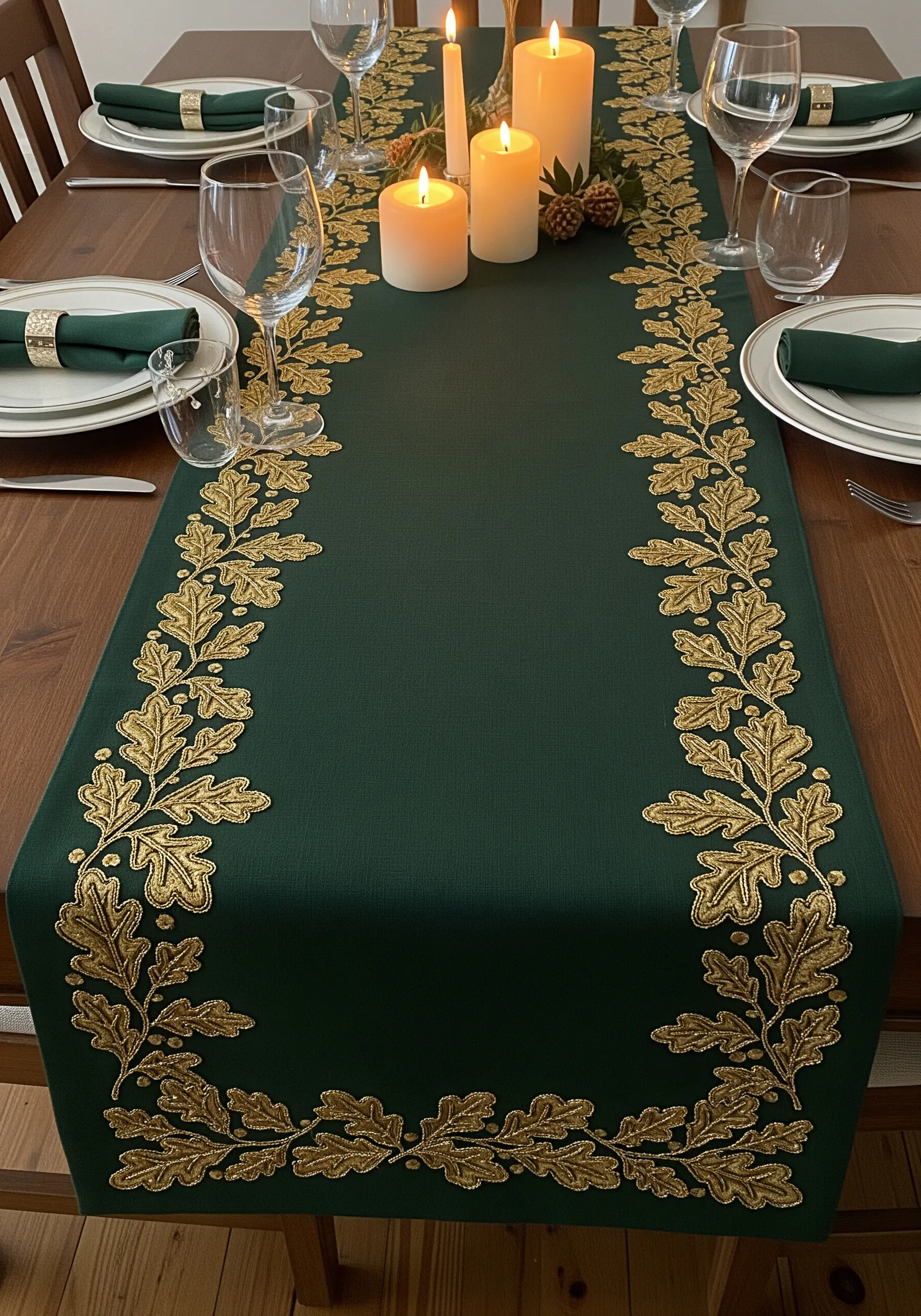 Gold embroidered oak leaves creating a dense border on a dark green table runner.