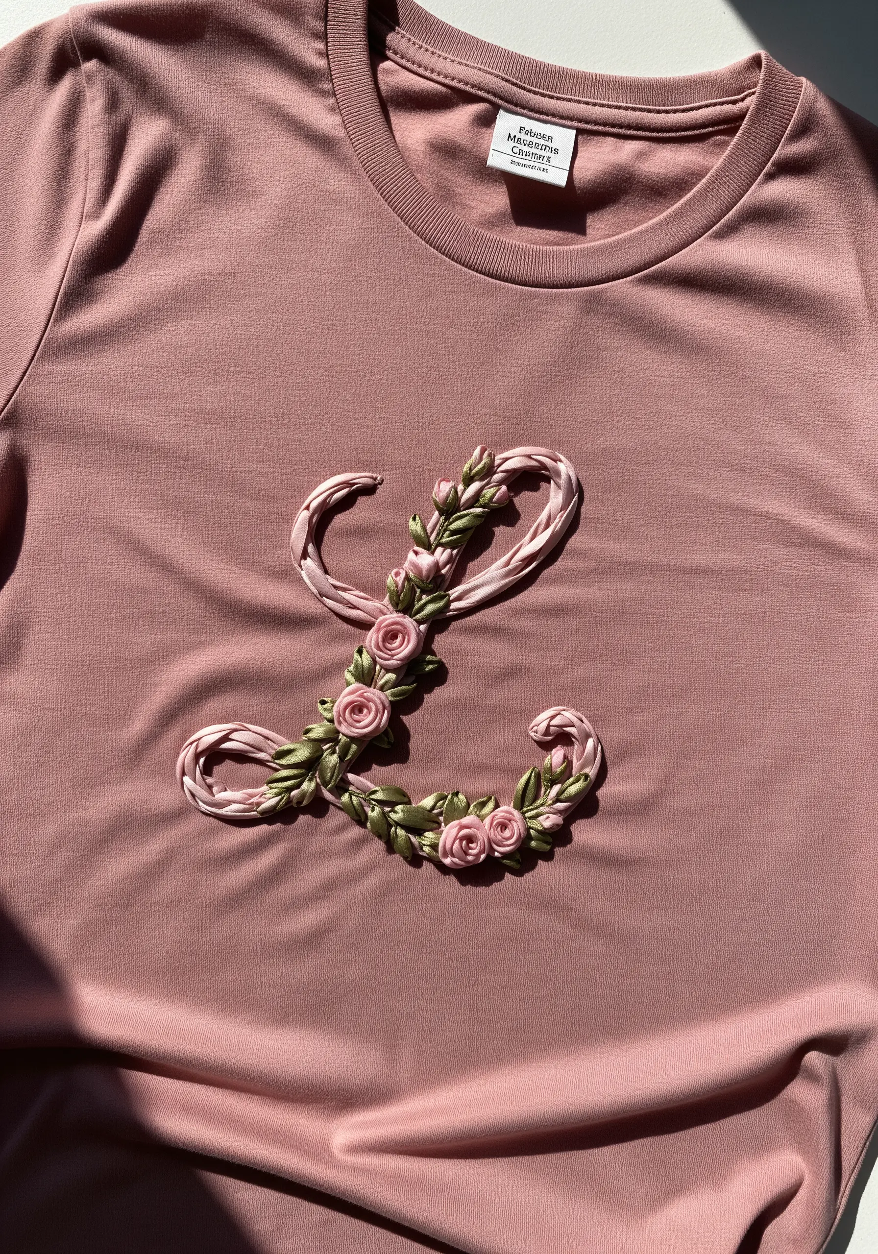 A cursive letter 'L' formed from twisted silk ribbon and adorned with small pink ribbon roses.