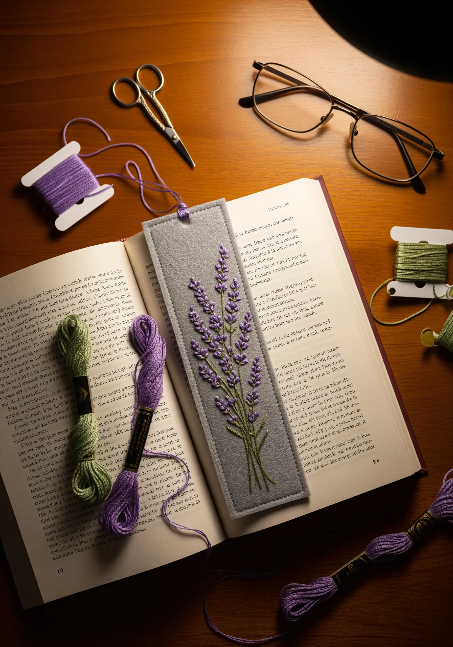 A hand-embroidered lavender sprig on a gray felt bookmark.