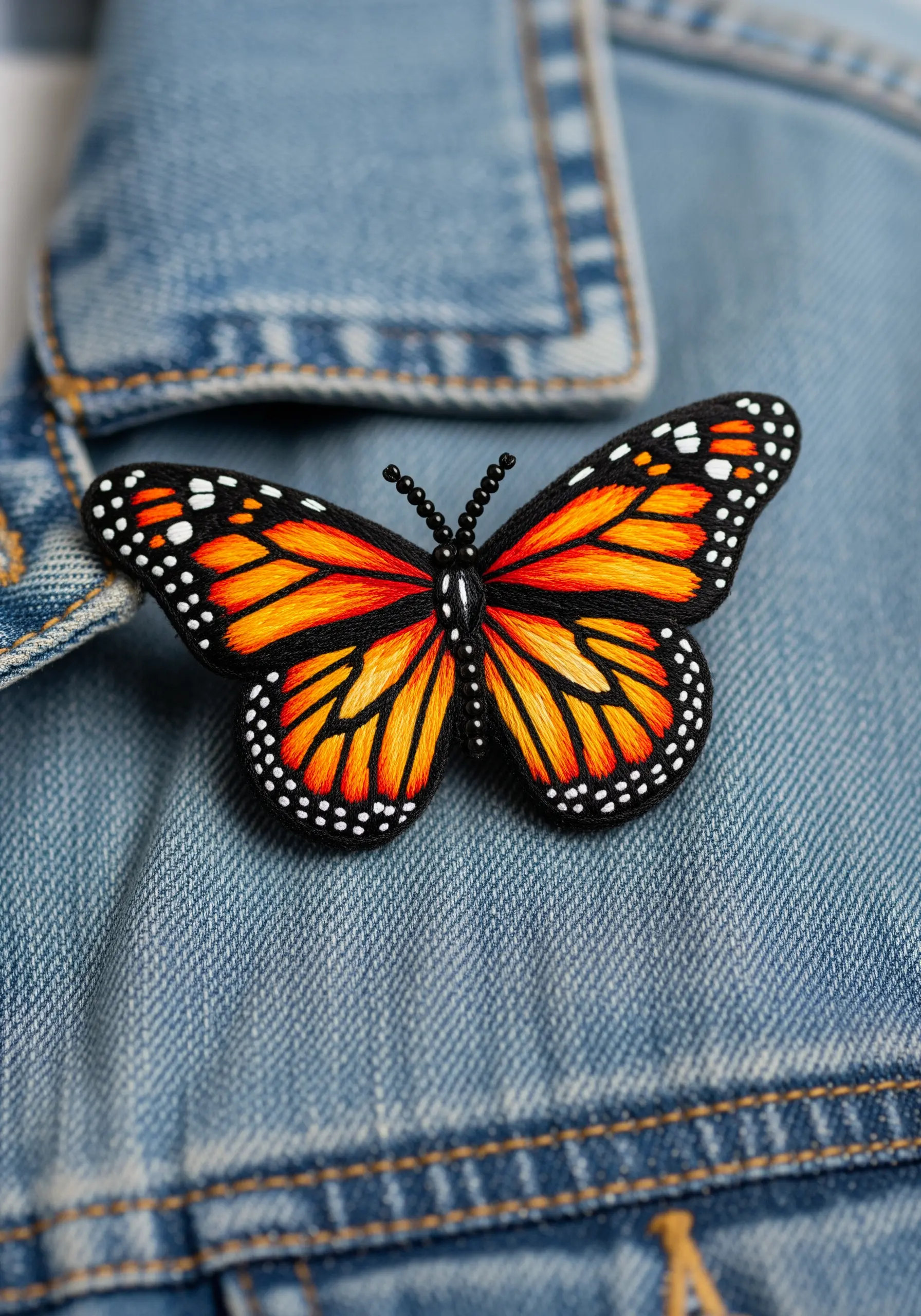 A realistic monarch butterfly embroidered as a brooch, pinned to a denim jacket.