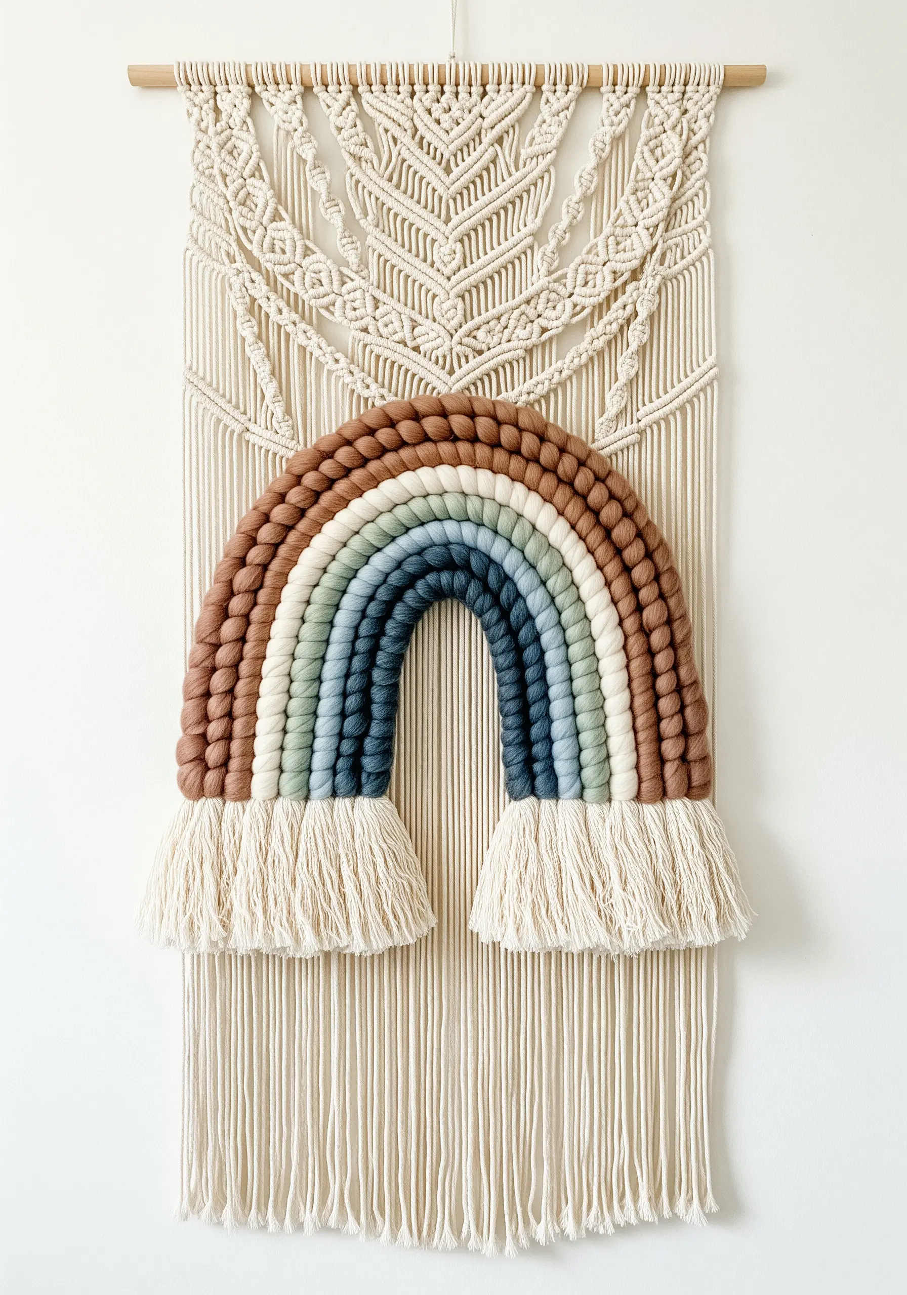 A large macrame wall hanging featuring a chunky, yarn-wrapped rainbow in earthy tones.