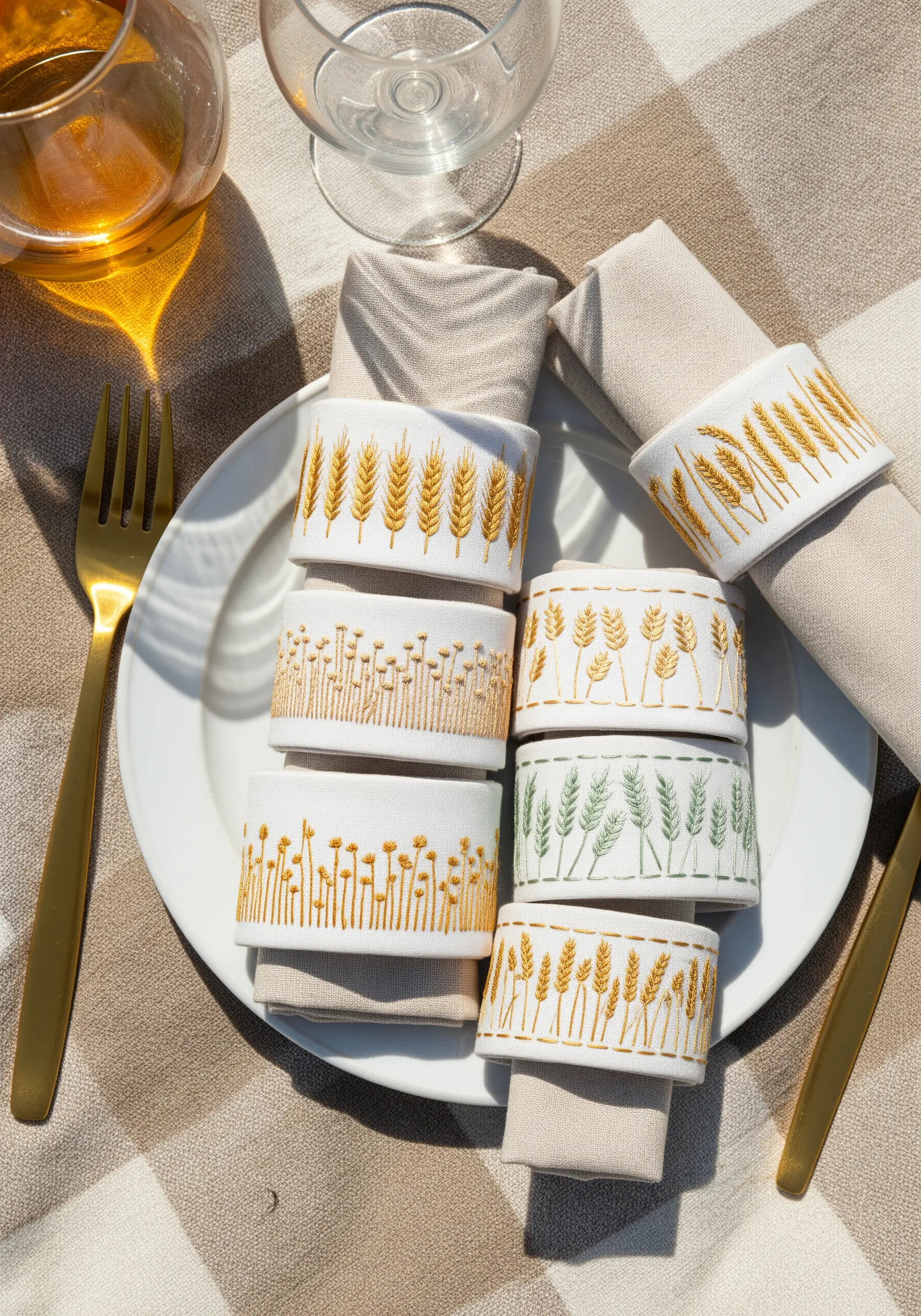 A set of embroidered napkin rings with wheat and wildflower motifs on a set table.