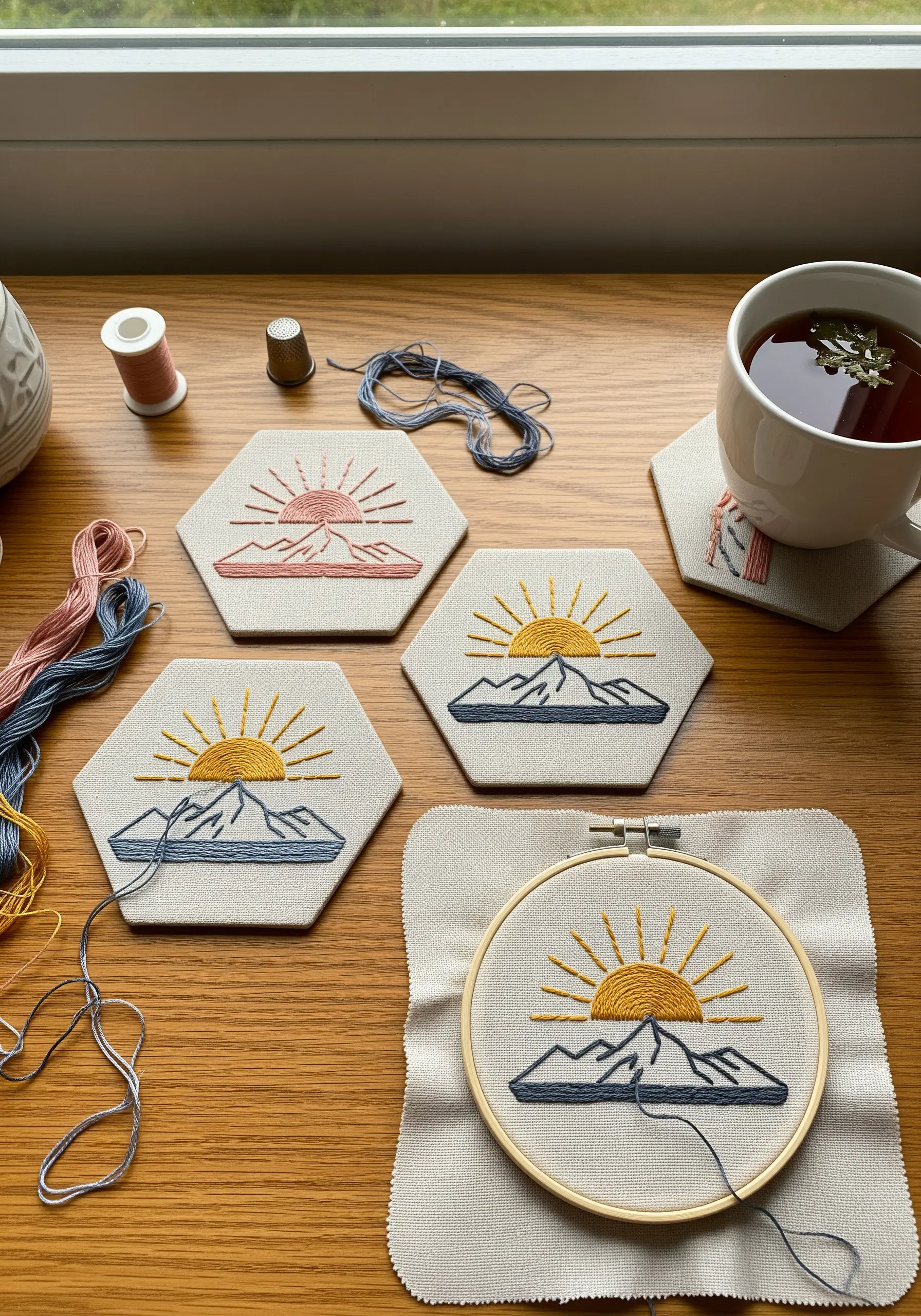 Set of four embroidered coasters with a minimalist sun and mountain design on a wooden desk.