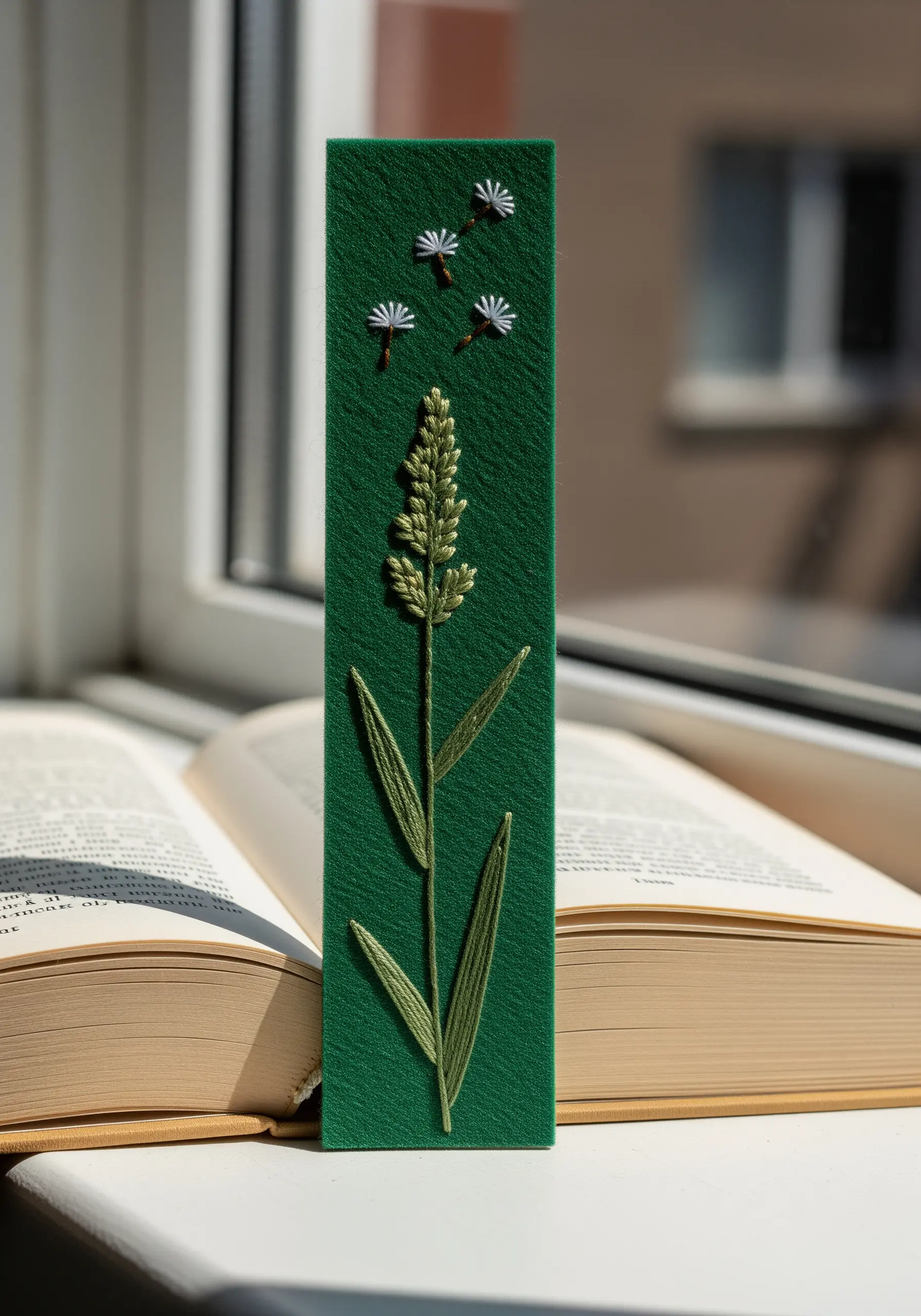 A green felt bookmark with a single embroidered wheatgrass stalk and dandelion seeds.