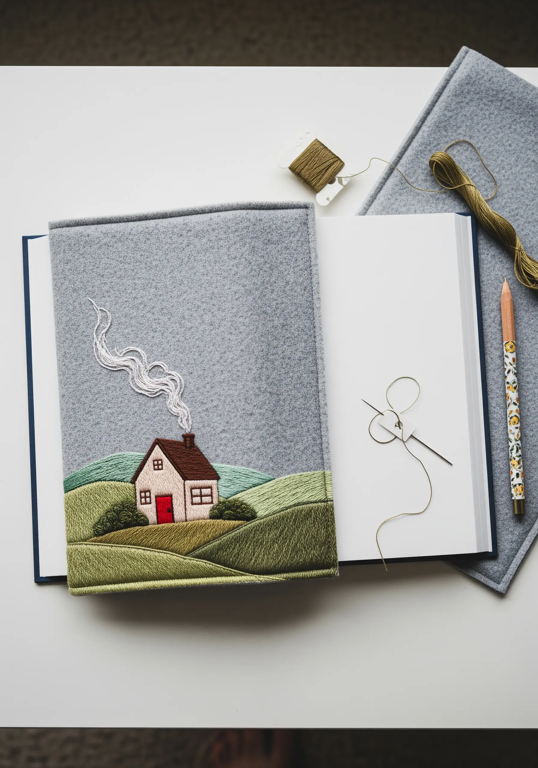 A grey felt book cover embroidered with a cozy house on rolling green hills.