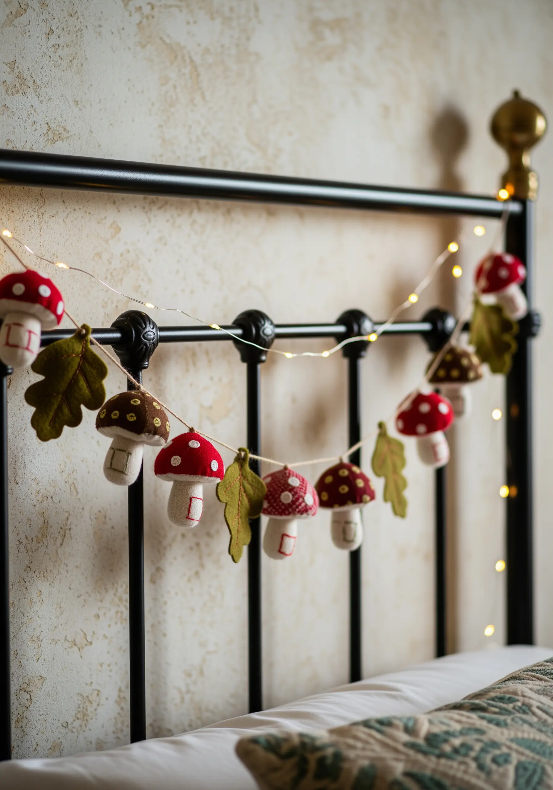 A garland of handmade, stuffed fabric mushrooms and felt leaves on a headboard.