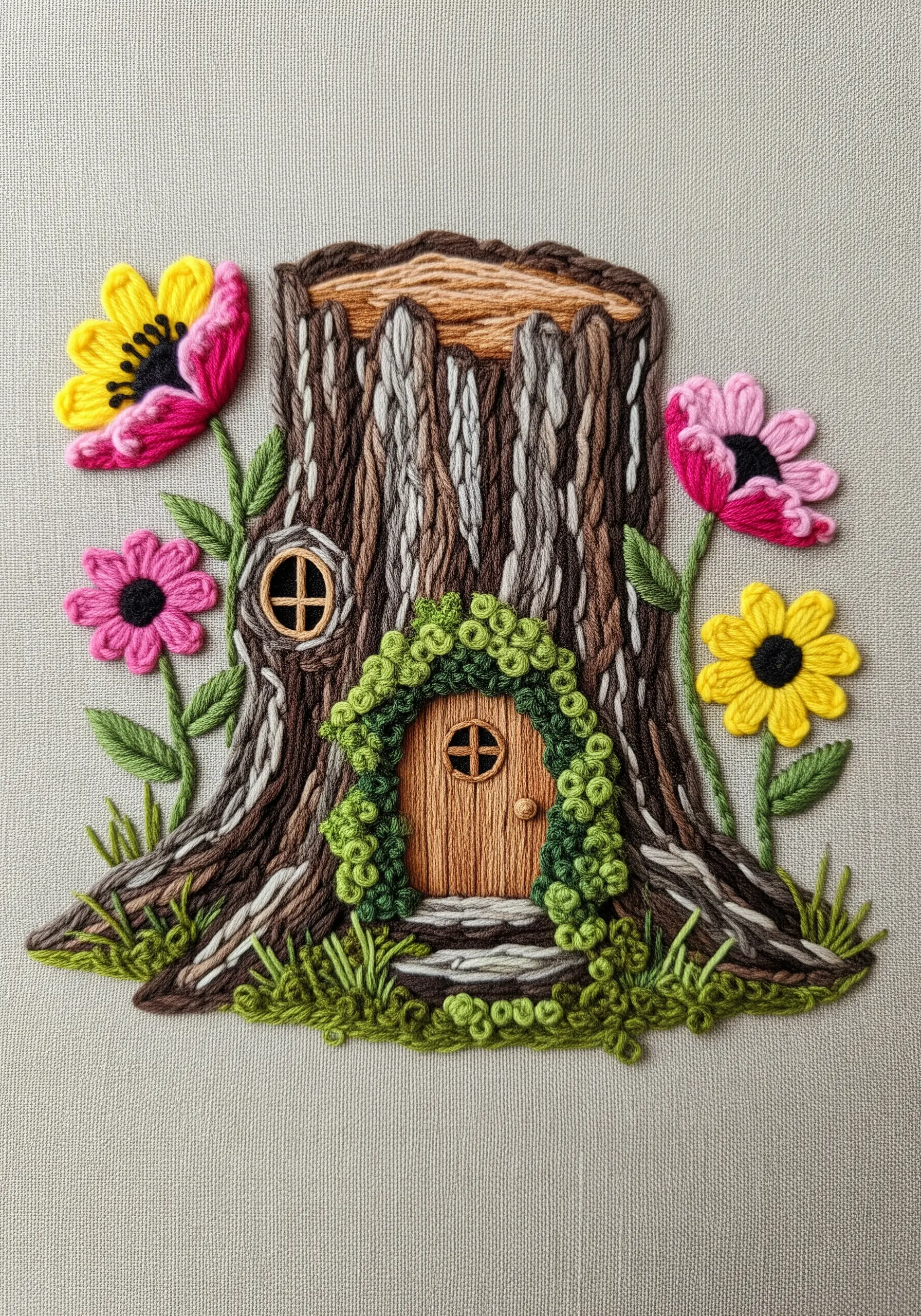 Embroidered tree stump house using yarn for bark, appliqué for the door, and 3D flowers.