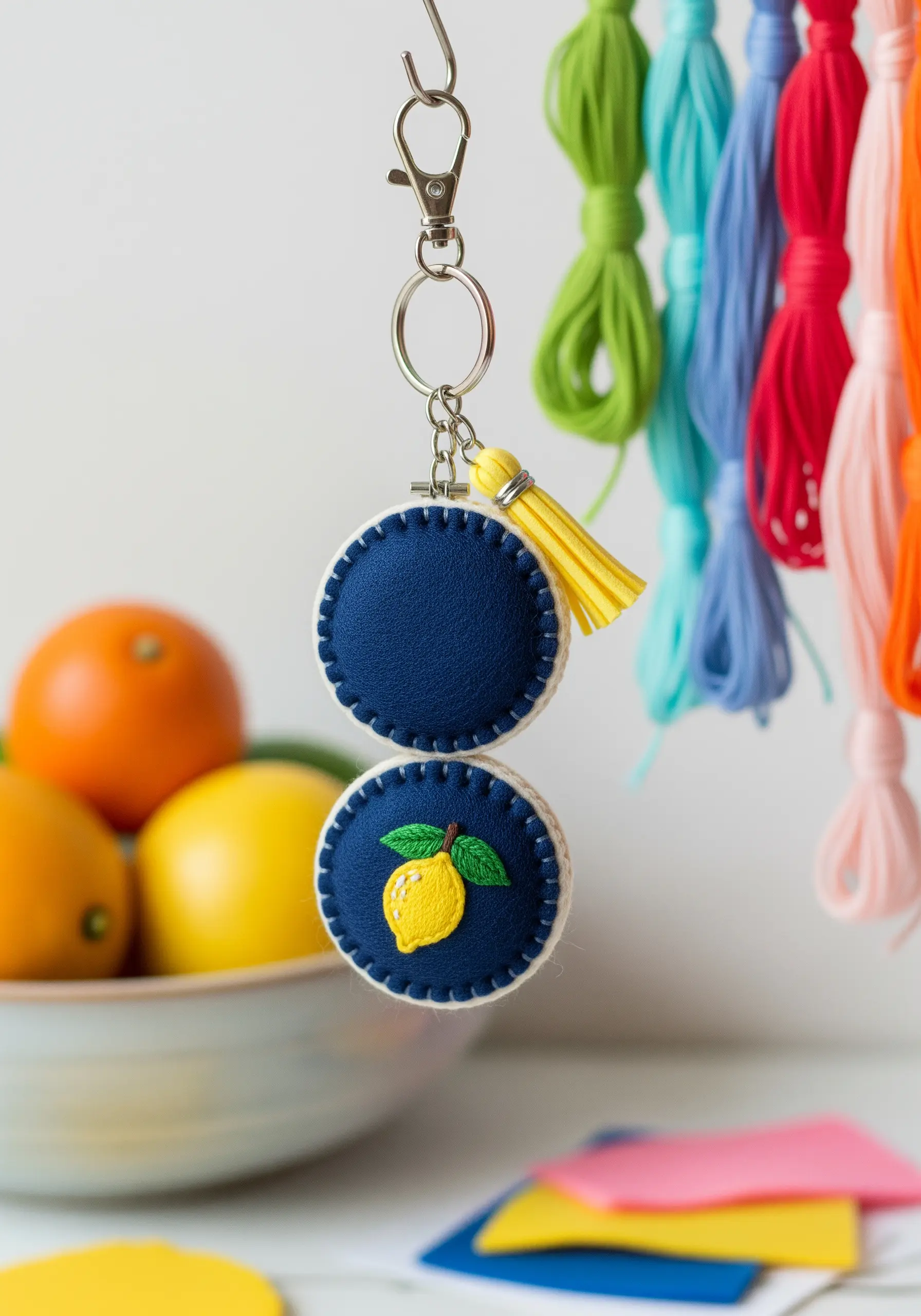 A double-sided navy blue felt keychain with a bright embroidered lemon and a yellow tassel.