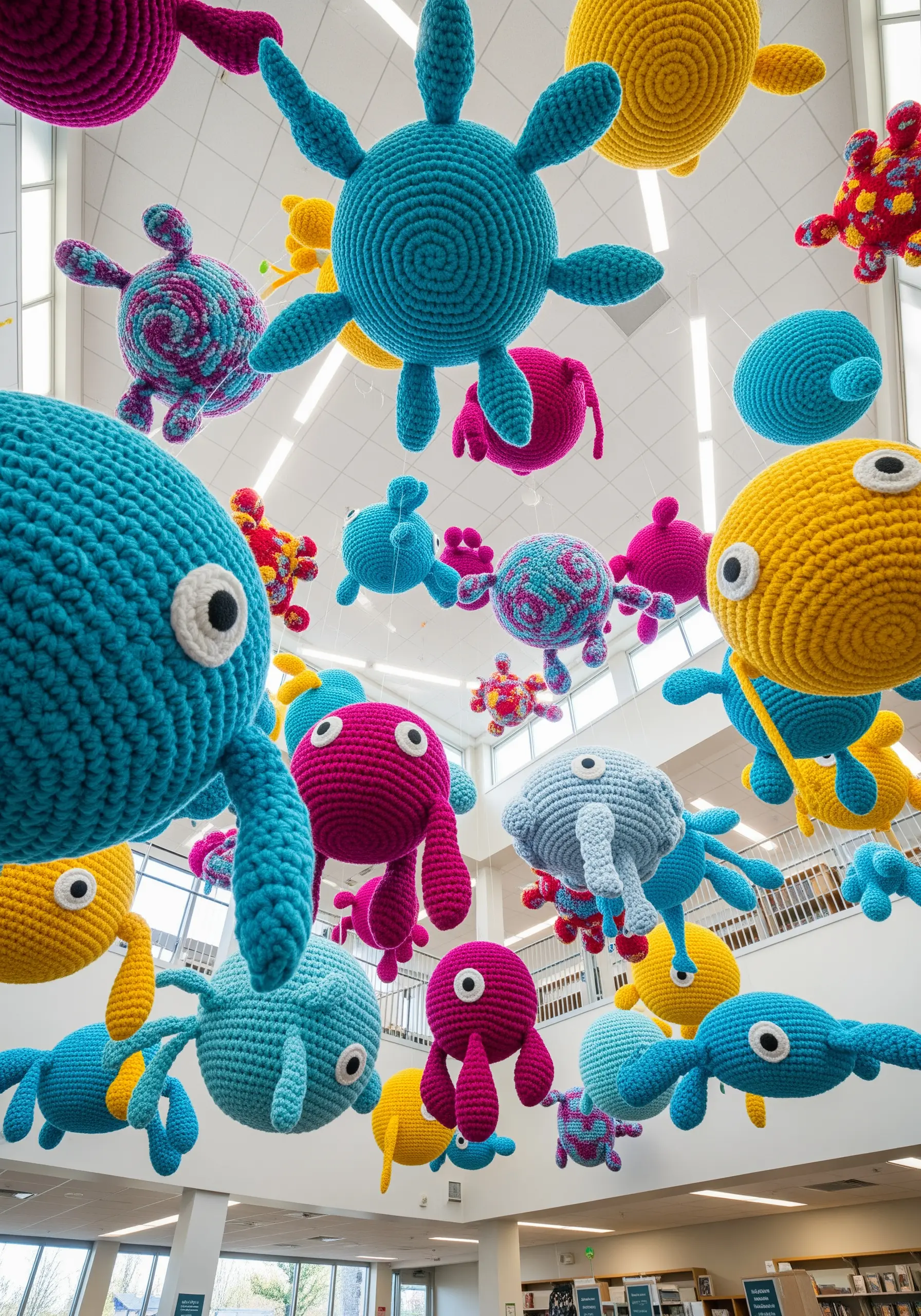 A colorful collection of crocheted amigurumi sea creatures hanging from a library ceiling.